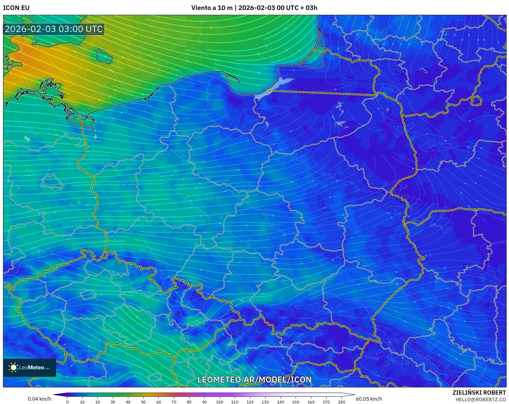 ICON model - Polonia, Viento a 10 m