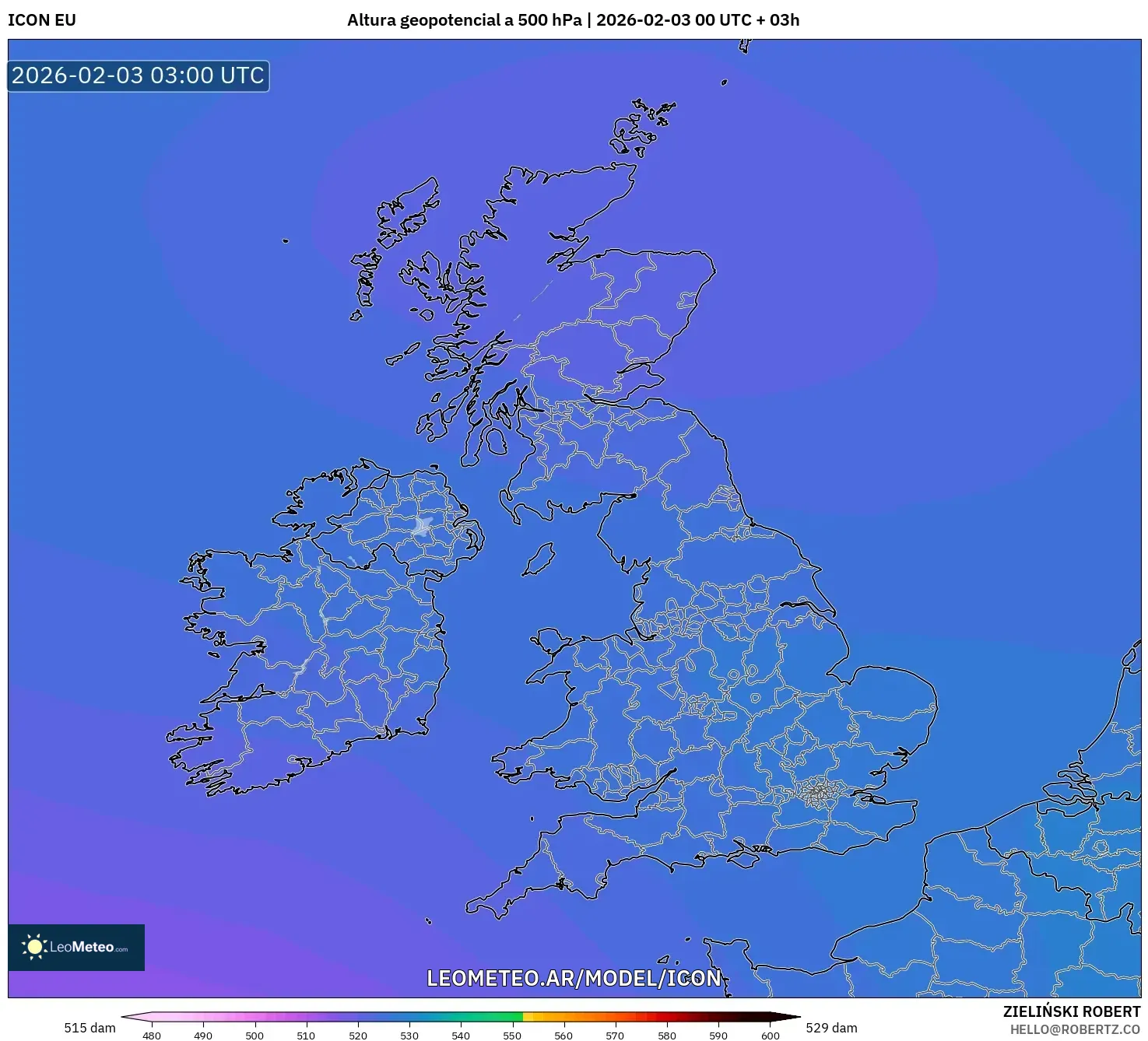 ICON model - Reino Unido, Altura geopotencial a 500 hPa
