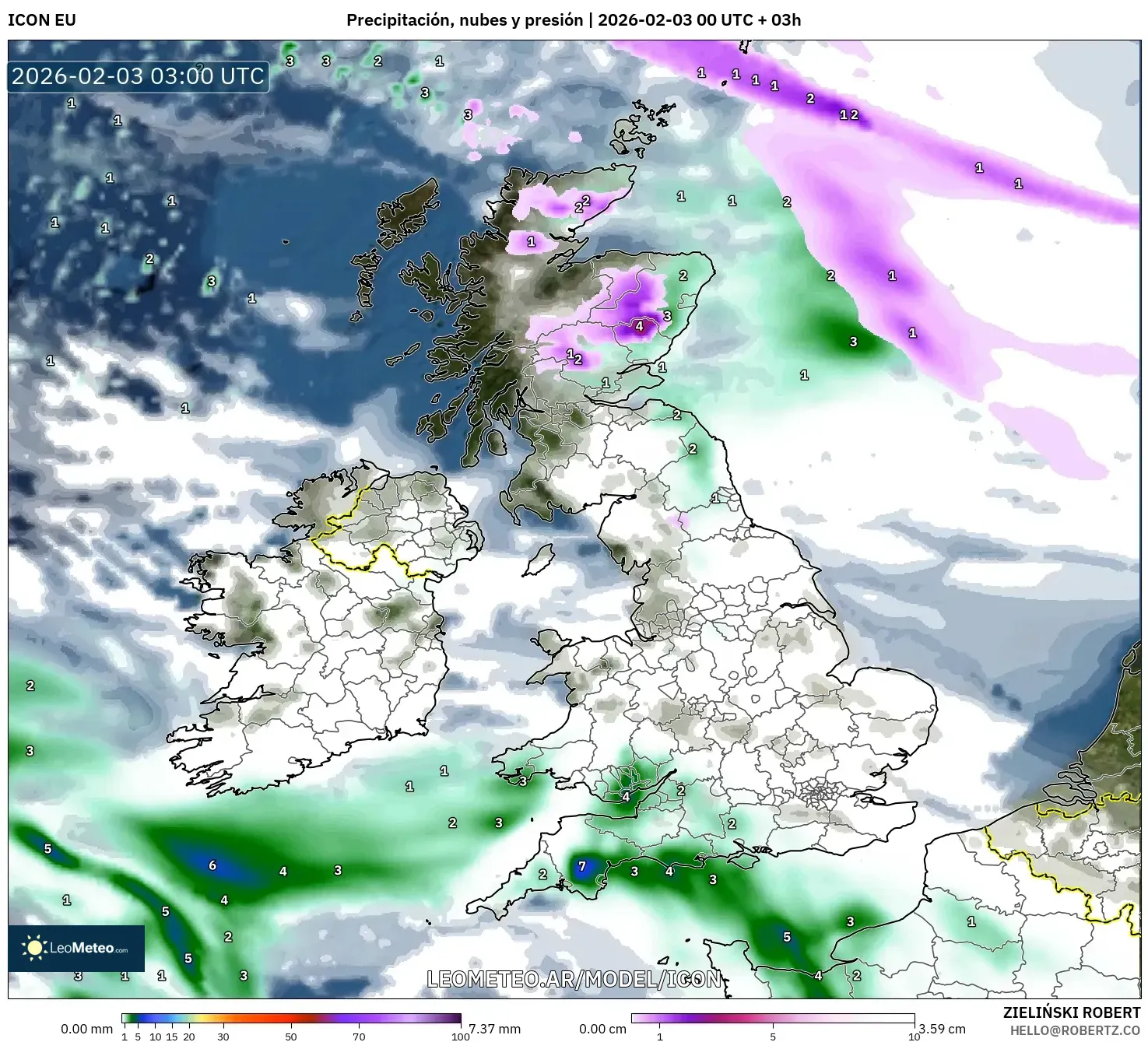 ICON model - Reino Unido, Precipitación, nubes y presión