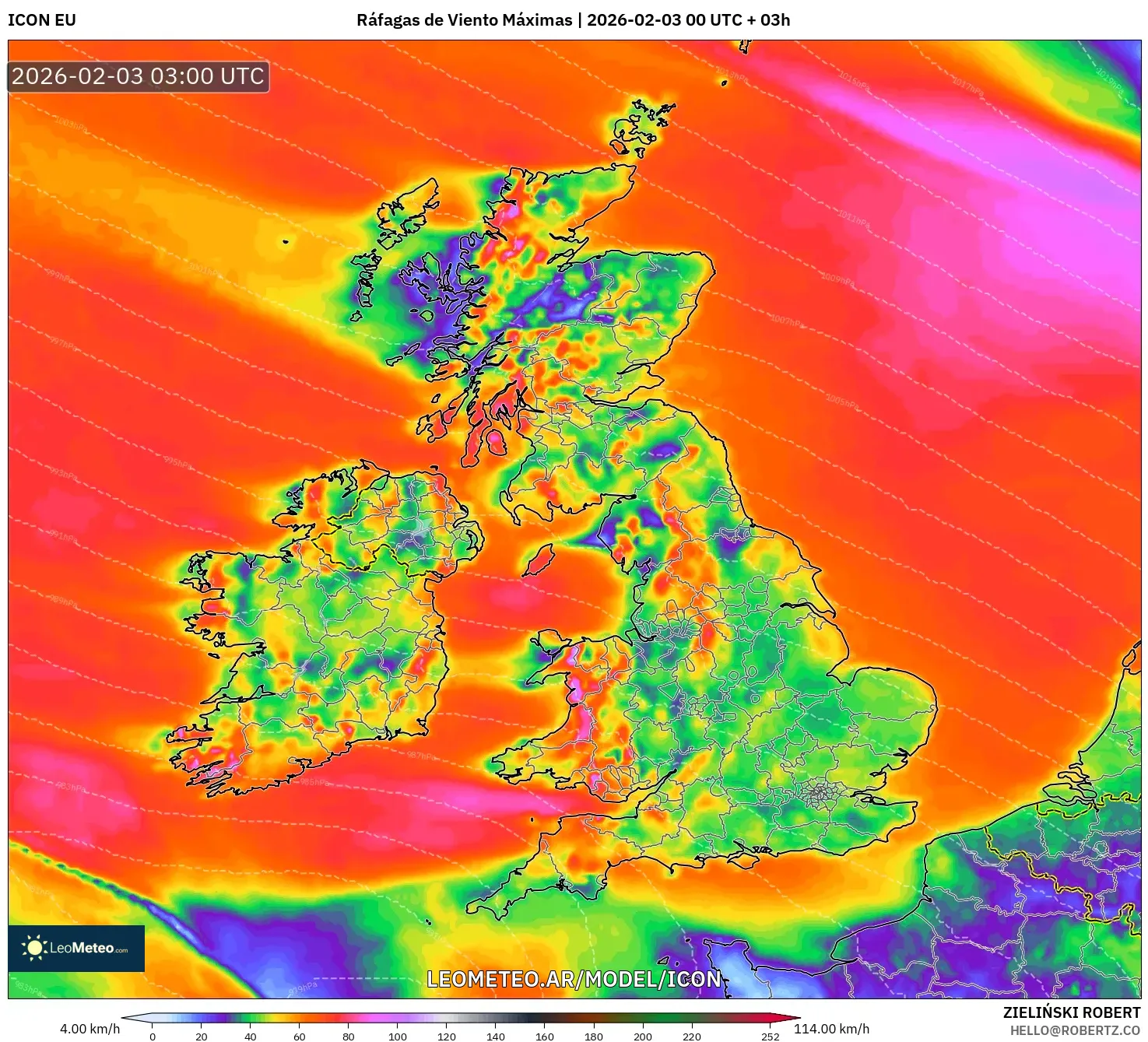 ICON model - Reino Unido, Ráfagas de Viento Máximas