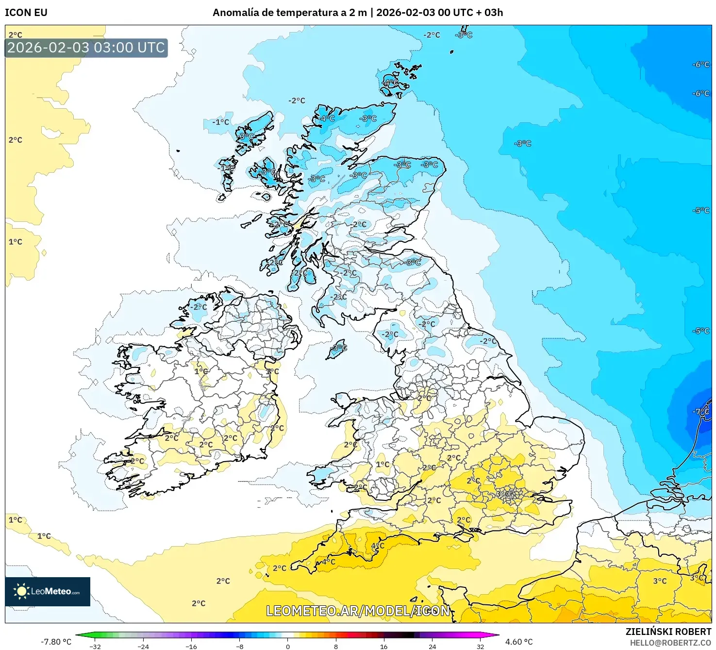 ICON model - Reino Unido, Anomalía de temperatura a 2 m