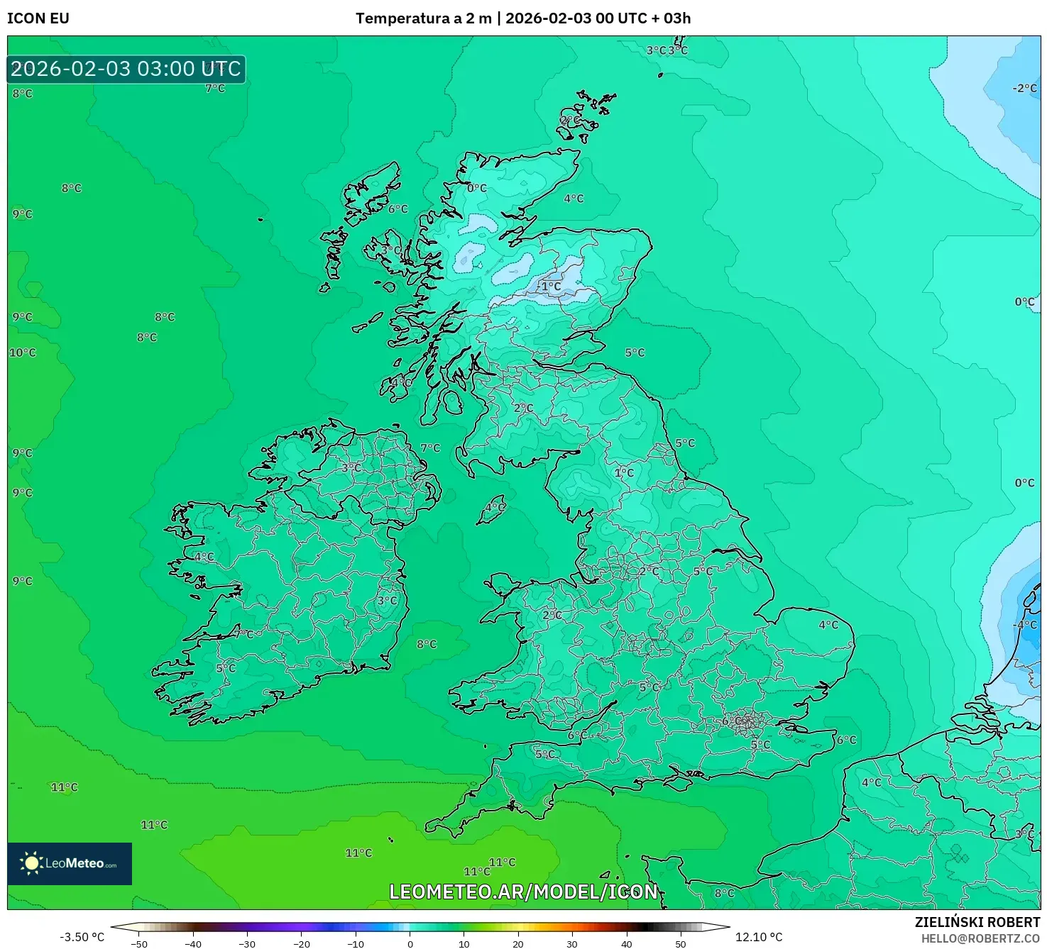 ICON model - Reino Unido, Temperatura a 2 m