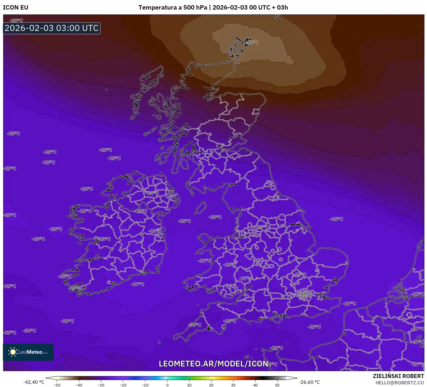 ICON model - Reino Unido, Temperatura a 500 hPa