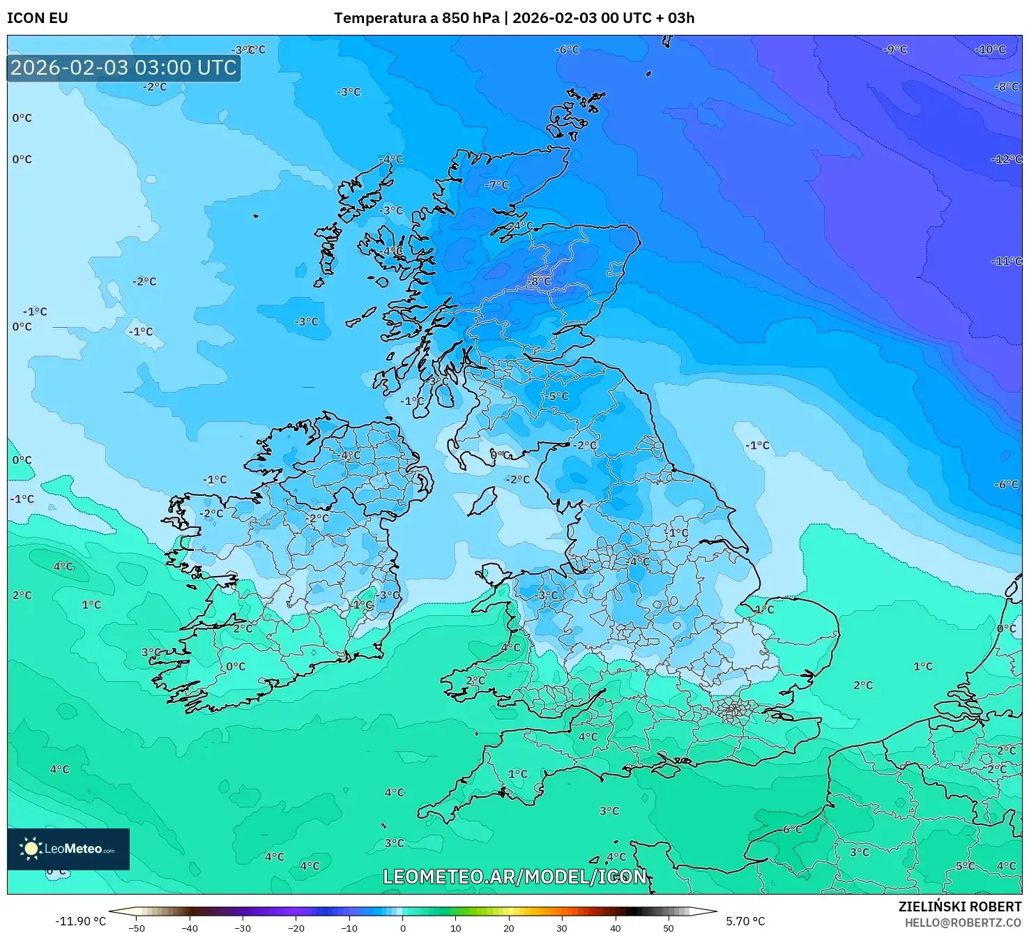 ICON model - Reino Unido, Temperatura a 850 hPa