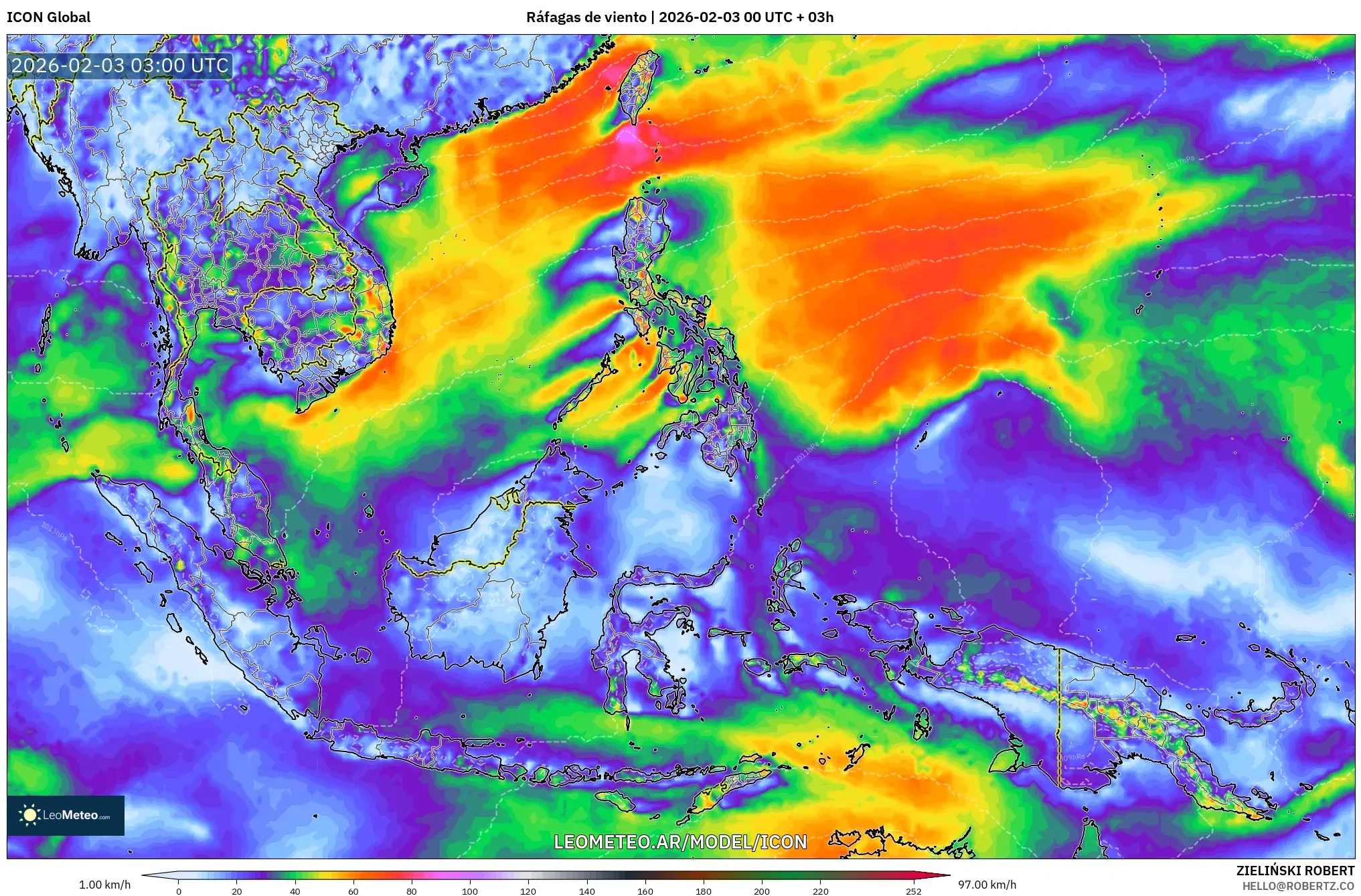 ICON model - Sudeste Asiático, Ráfagas de viento