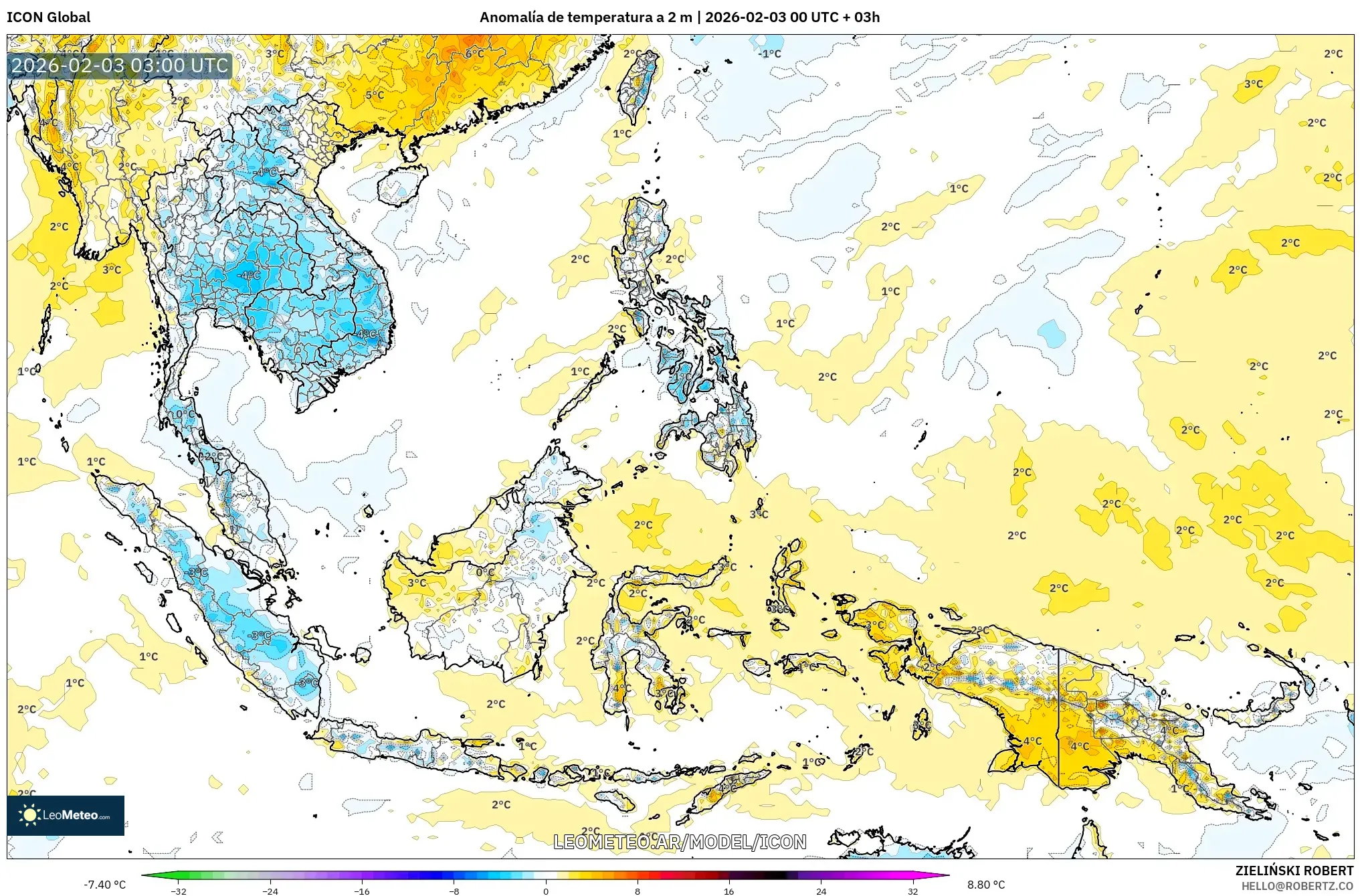 ICON model - Sudeste Asiático, Anomalía de temperatura a 2 m