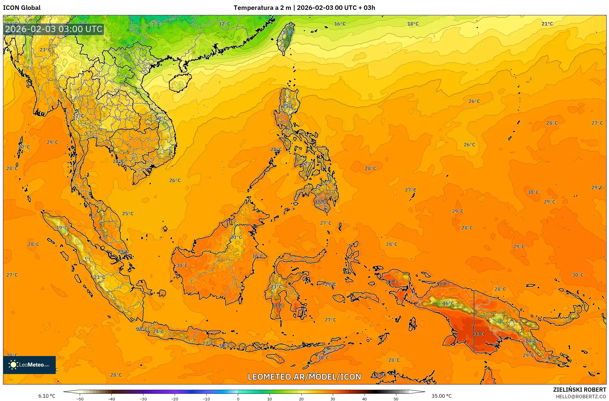 ICON model - Sudeste Asiático, Temperatura a 2 m