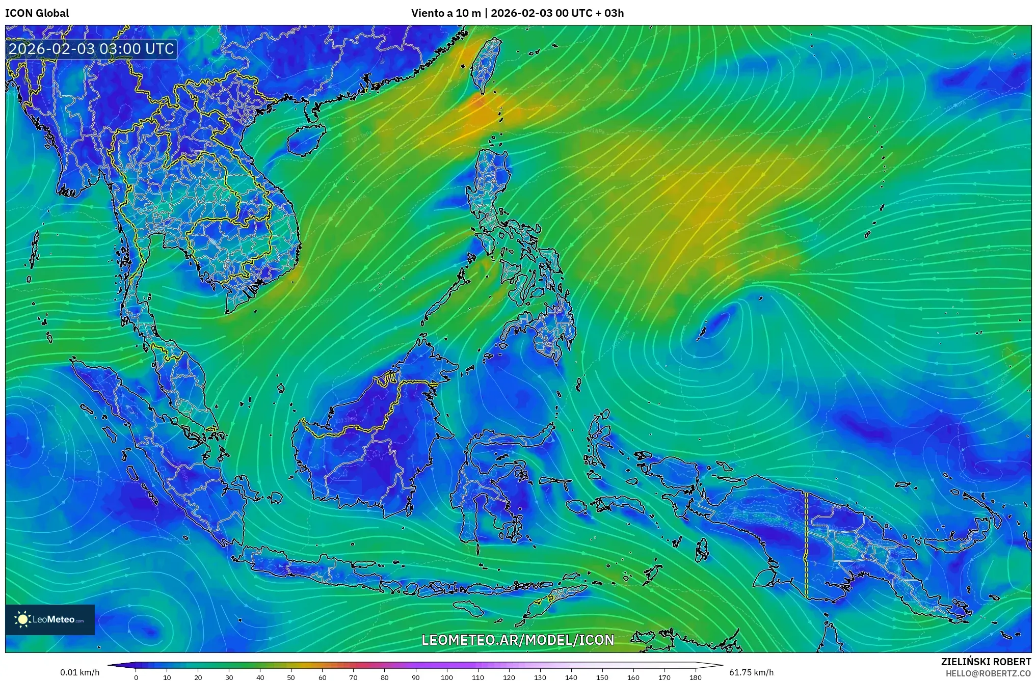ICON model - Sudeste Asiático, Viento a 10 m