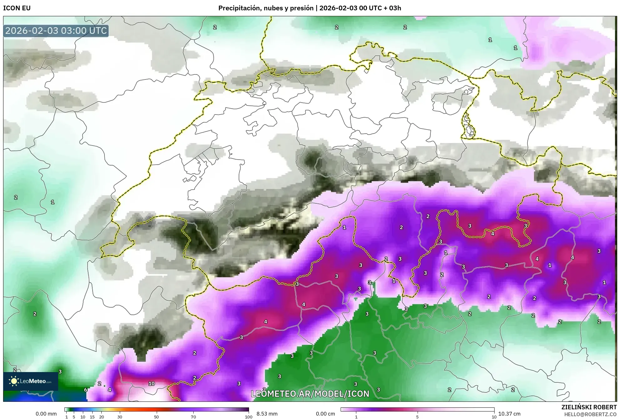 ICON model - Suiza, Precipitación, nubes y presión