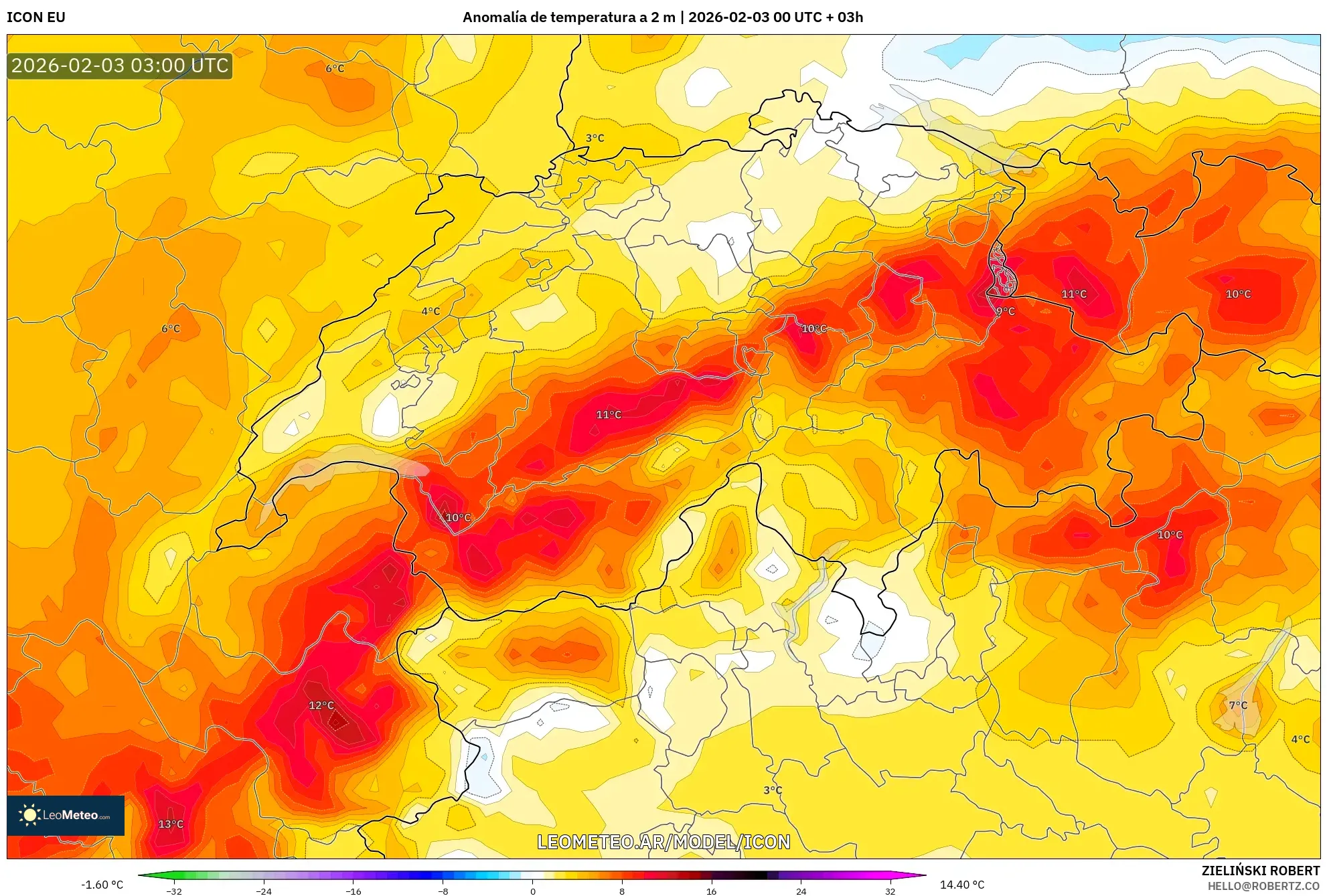 ICON model - Suiza, Anomalía de temperatura a 2 m