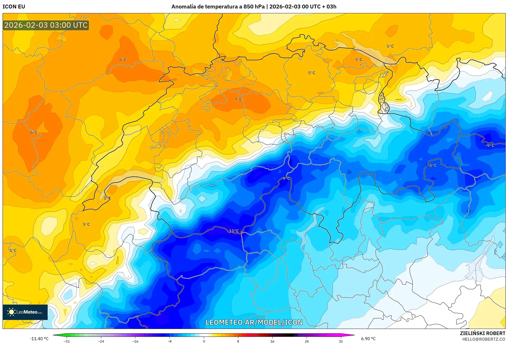 ICON model - Suiza, Anomalía de temperatura a 850 hPa