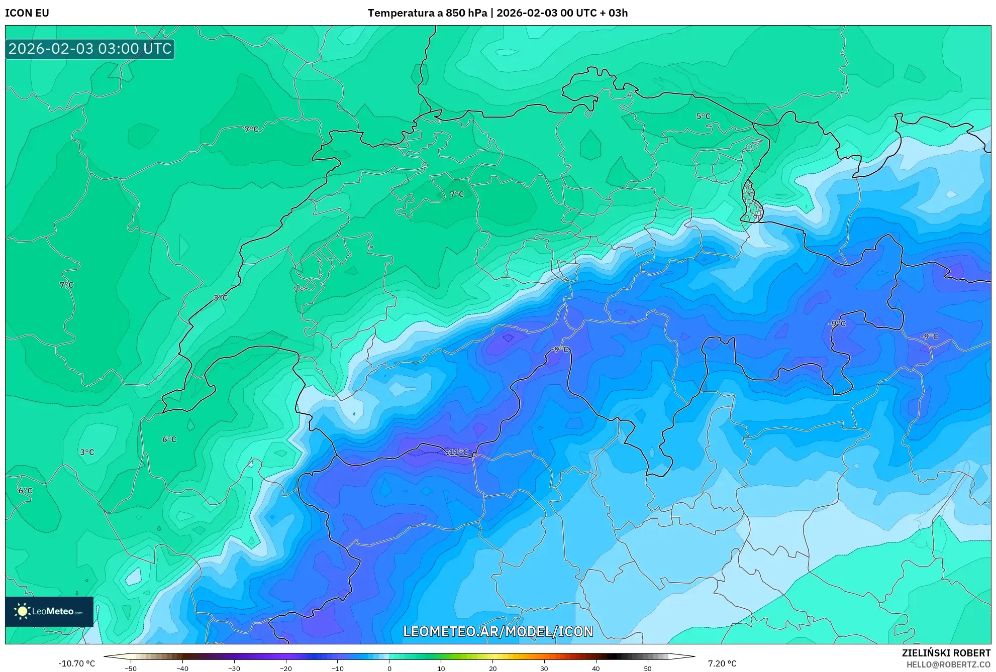 ICON model - Suiza, Temperatura a 850 hPa