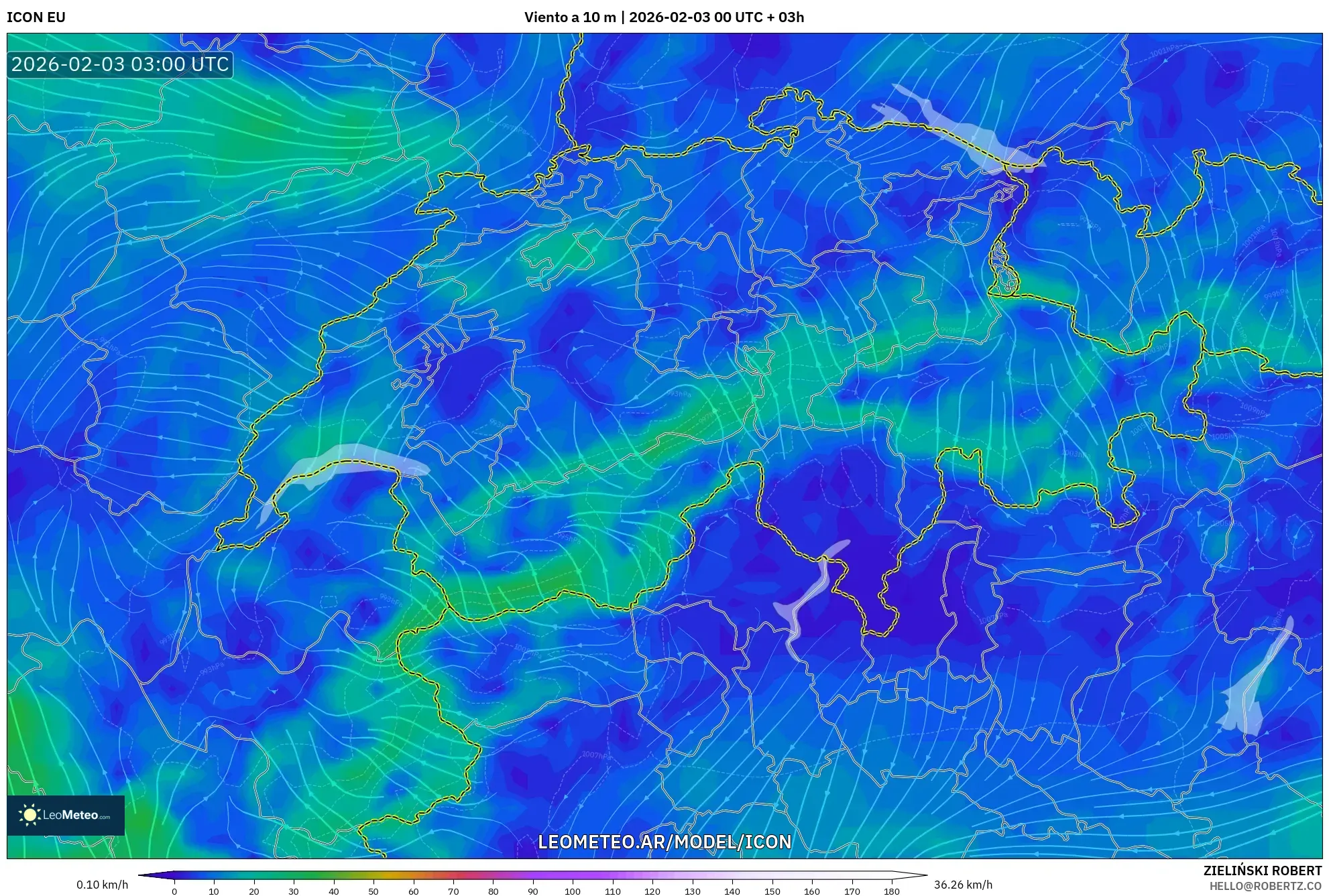 ICON model - Suiza, Viento a 10 m