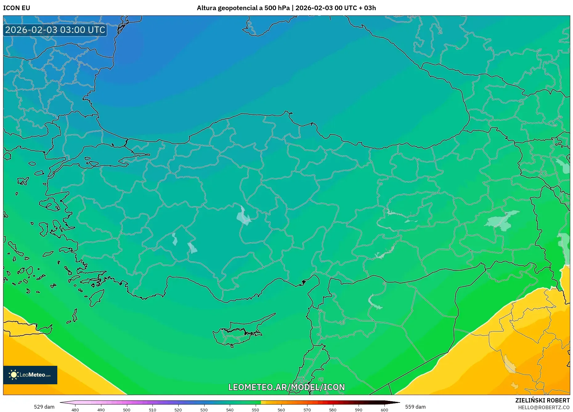 ICON model - Turquía, Altura geopotencial a 500 hPa