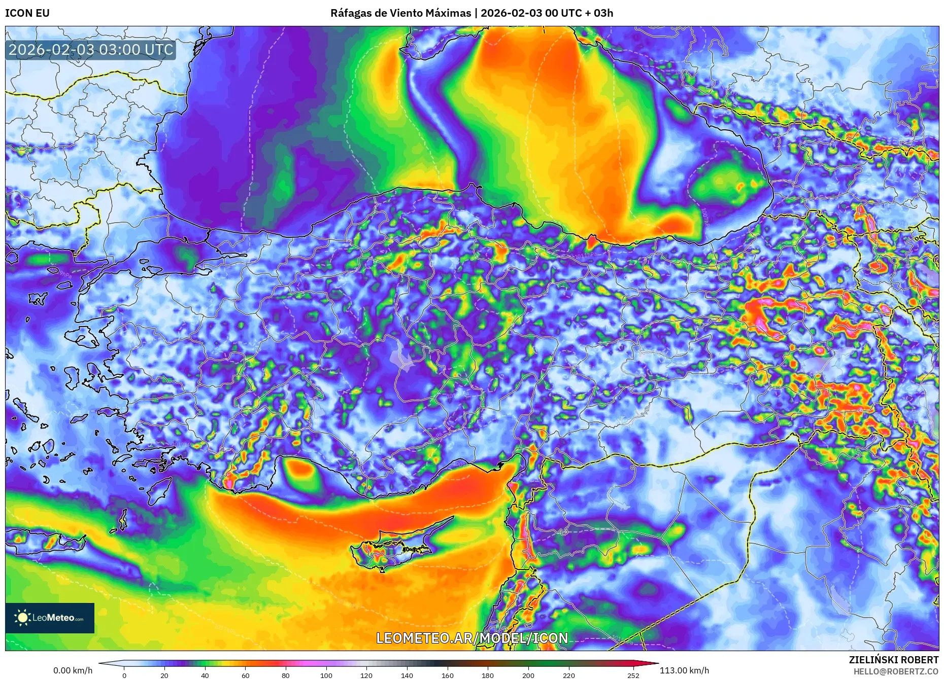 ICON model - Turquía, Ráfagas de Viento Máximas