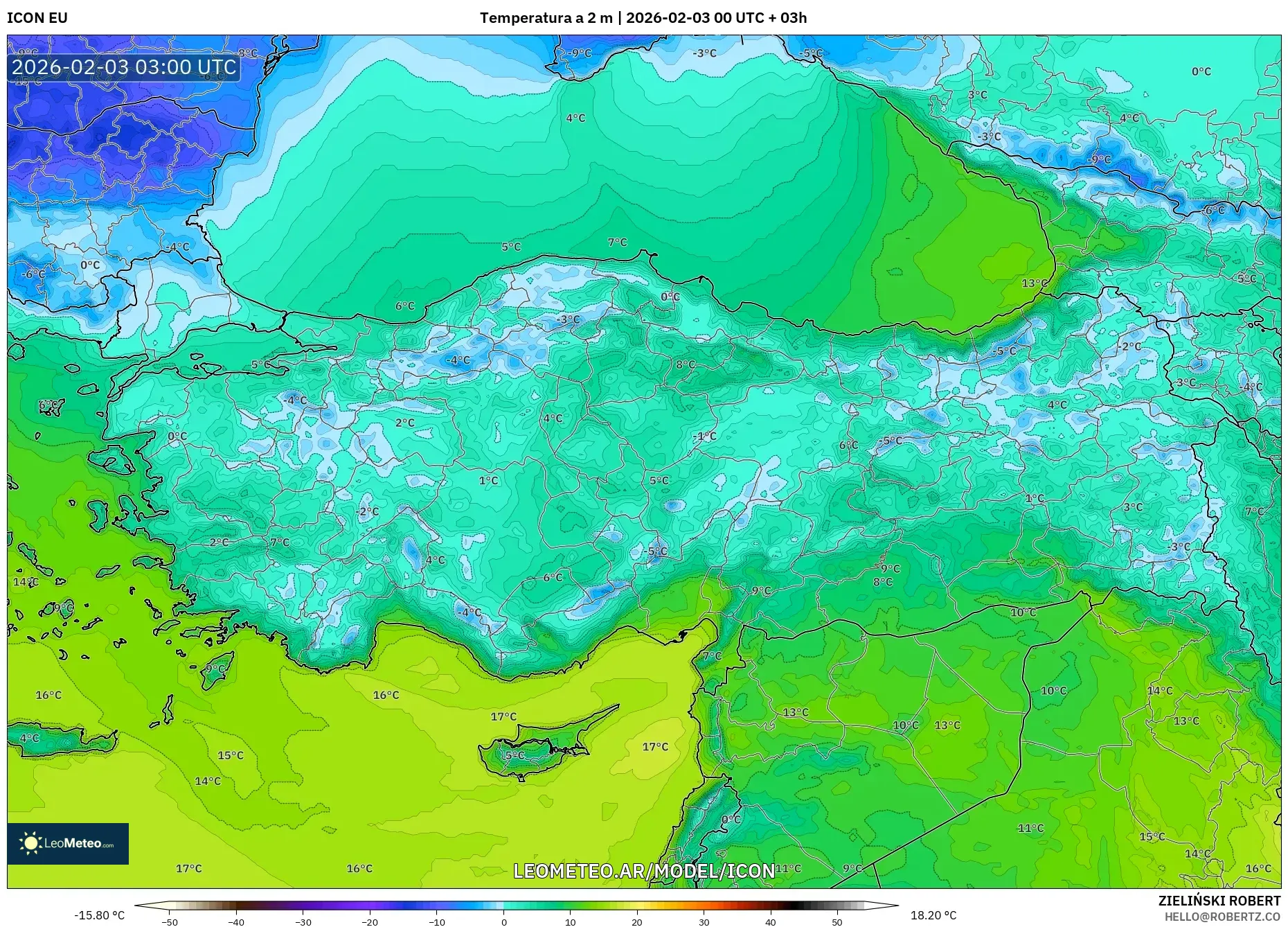 ICON model - Turquía, Temperatura a 2 m