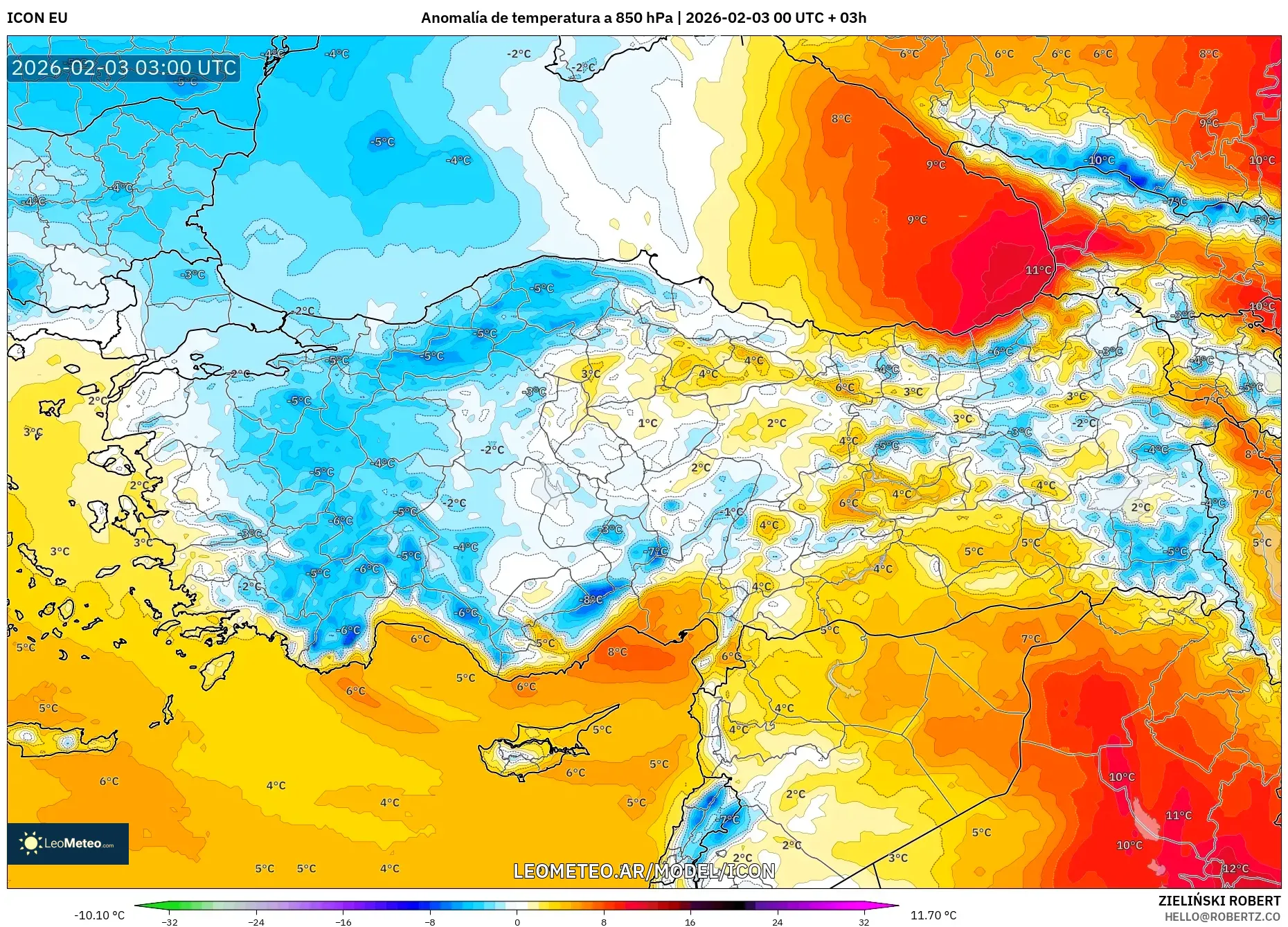 ICON model - Turquía, Anomalía de temperatura a 850 hPa