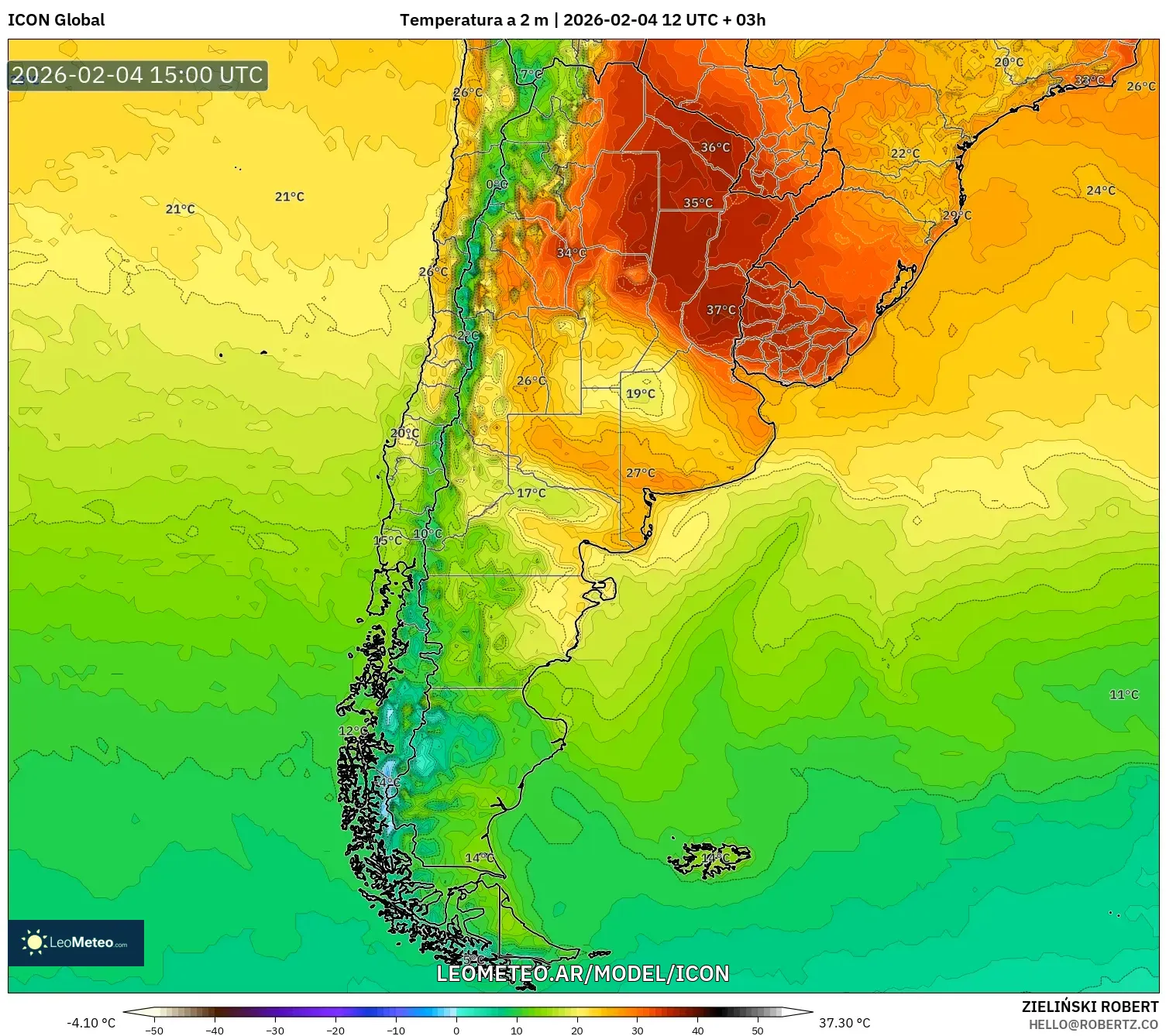 ICON model - Argentina, Temperatura a 2 m