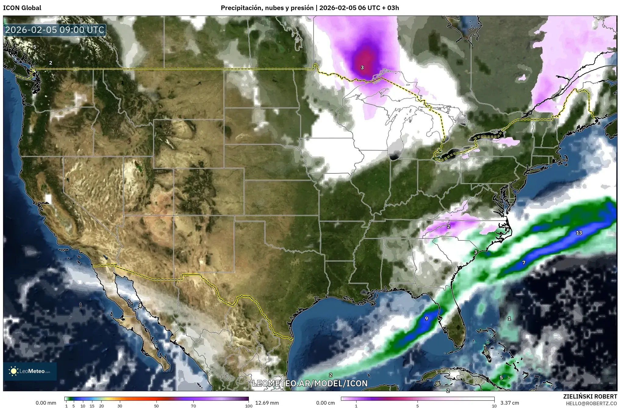 ICON model - Estados Unidos, Precipitación, nubes y presión