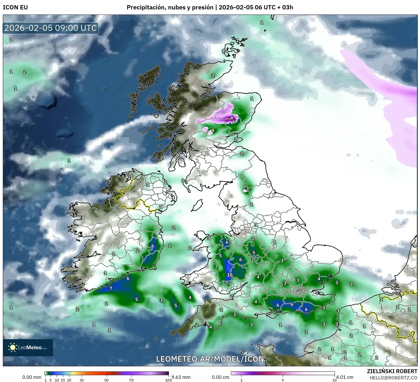 ICON model - Reino Unido, Precipitación, nubes y presión