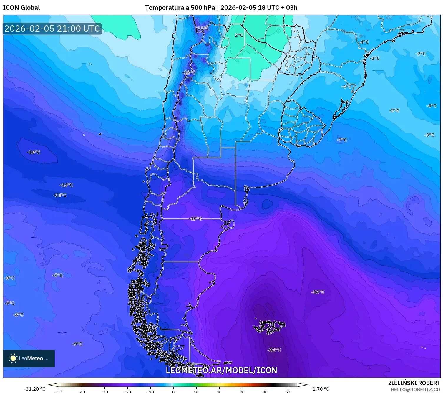 ICON model - Argentina, Temperatura a 500 hPa