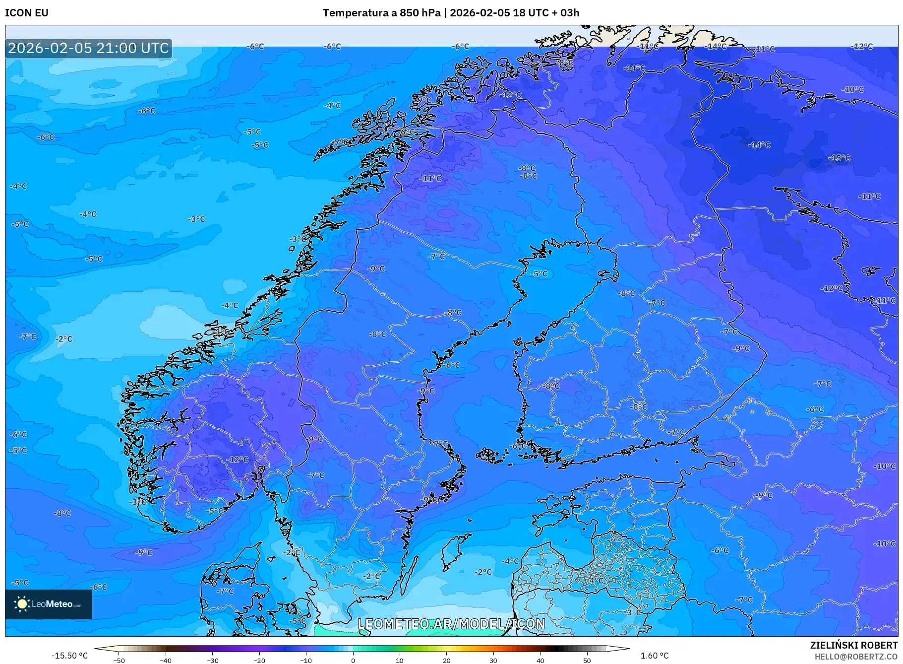 ICON model - Escandinavia, Temperatura a 850 hPa