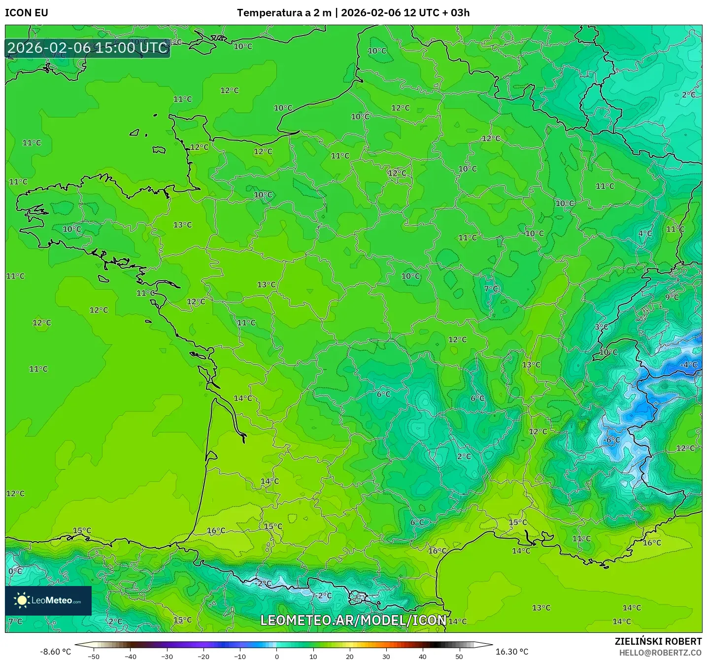 ICON model - Francia, Temperatura a 2 m