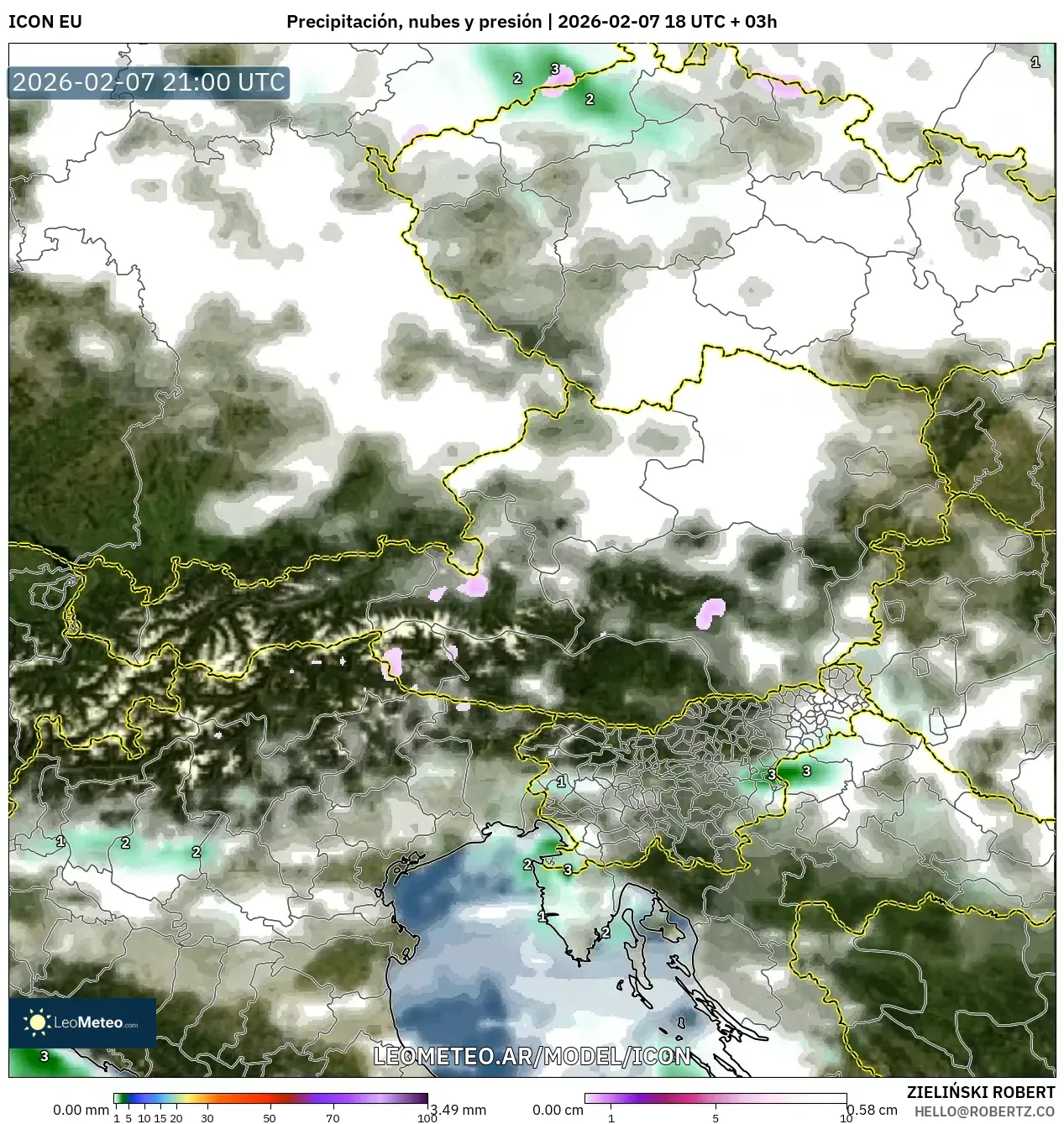 ICON model - Austria, Precipitación, nubes y presión