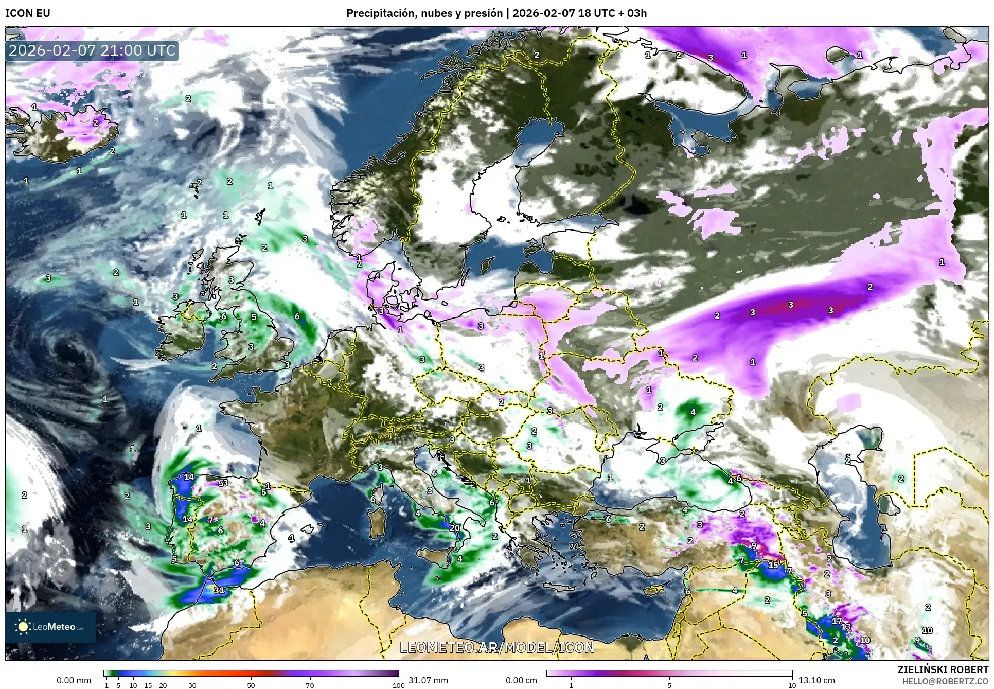 ICON model - Europa, Precipitación, nubes y presión