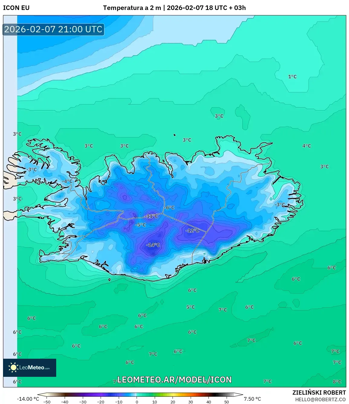 ICON model - Islandia, Temperatura a 2 m