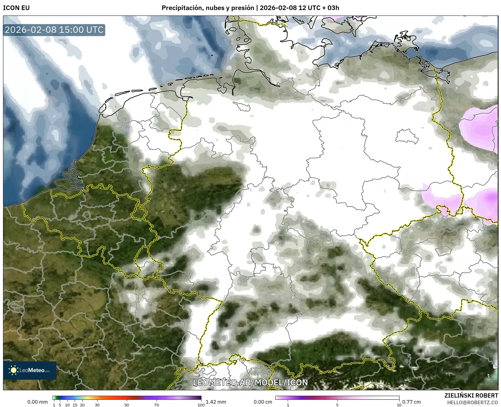 ICON model - Alemania, Precipitación, nubes y presión