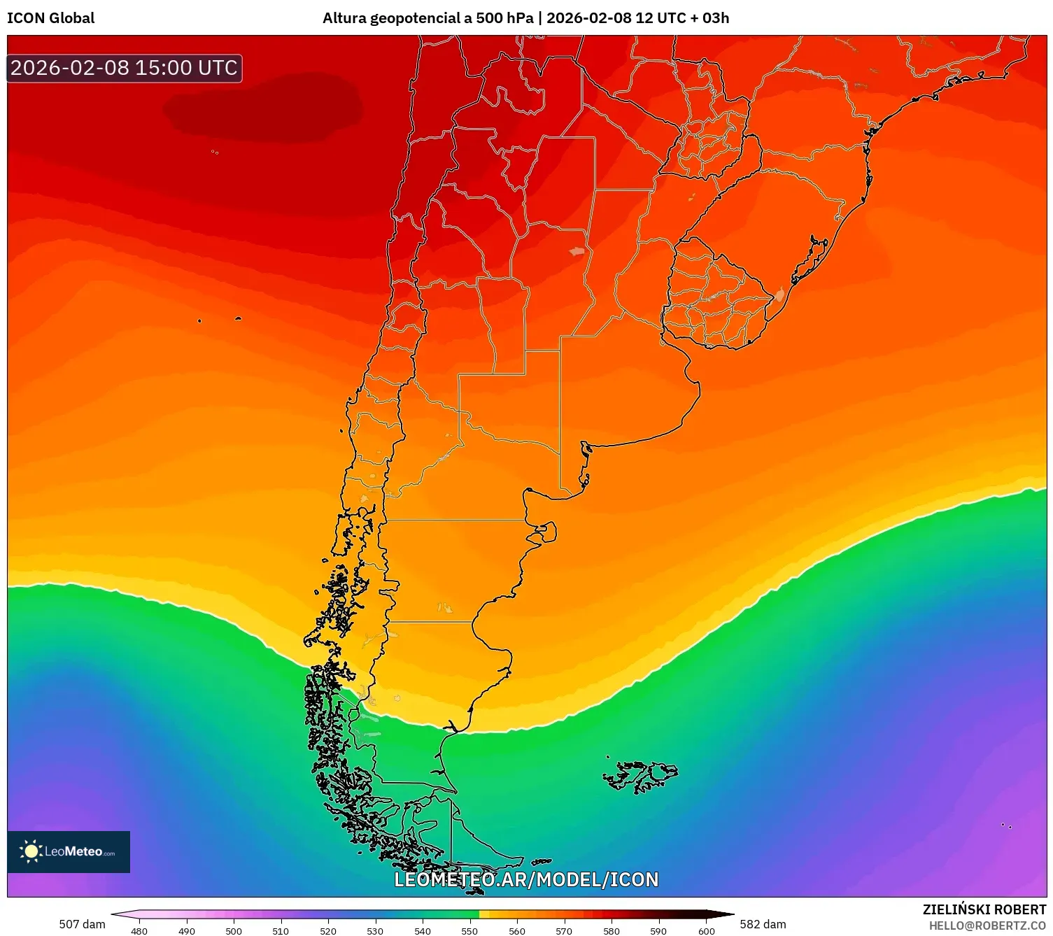 ICON model - Argentina, Altura geopotencial a 500 hPa