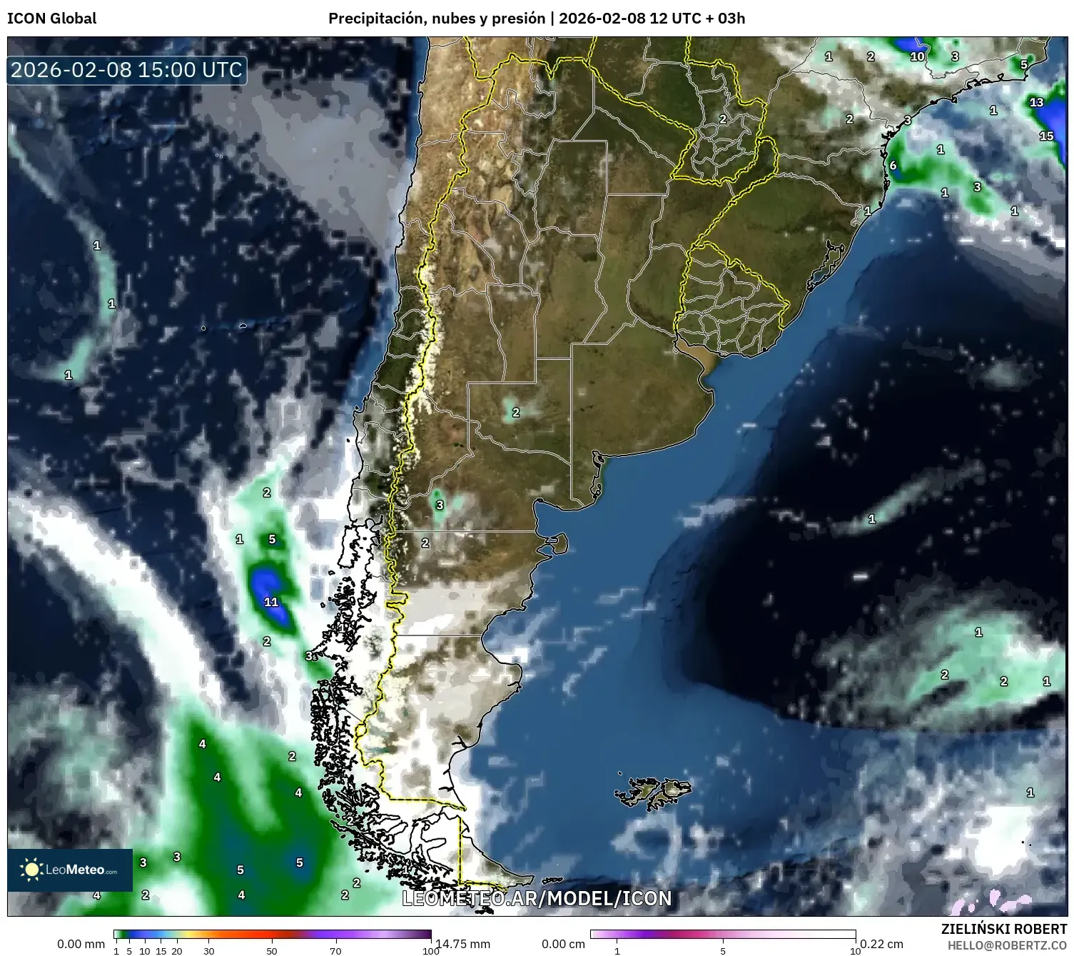 ICON model - Argentina, Precipitación, nubes y presión