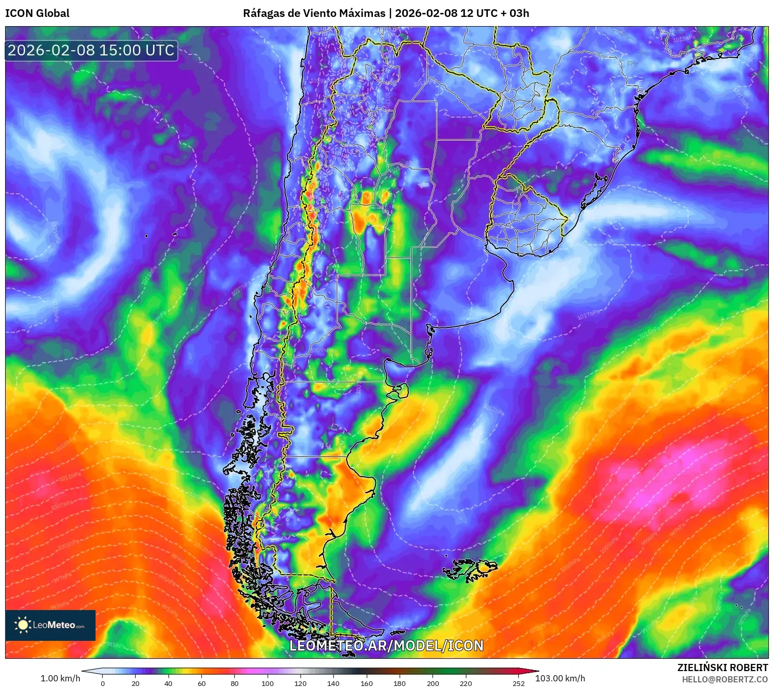 ICON model - Argentina, Ráfagas de Viento Máximas