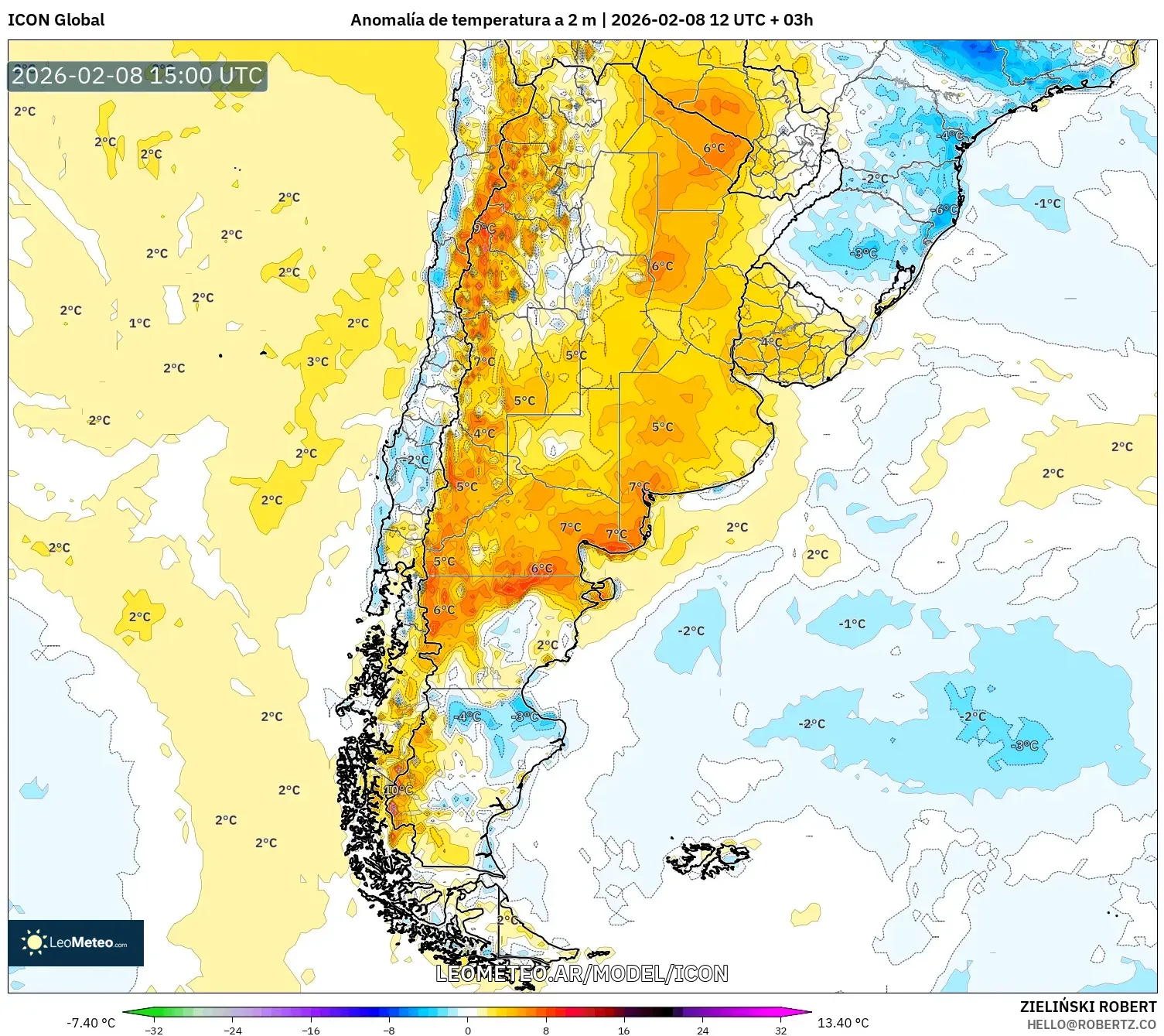 ICON model - Argentina, Anomalía de temperatura a 2 m