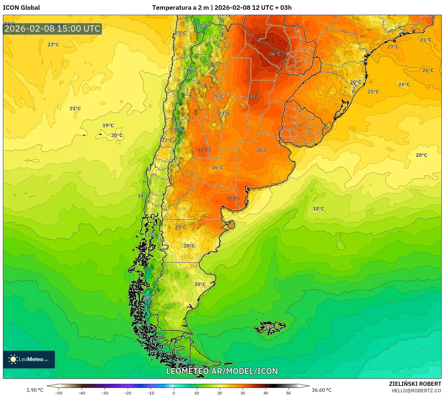 ICON model - Argentina, Temperatura a 2 m