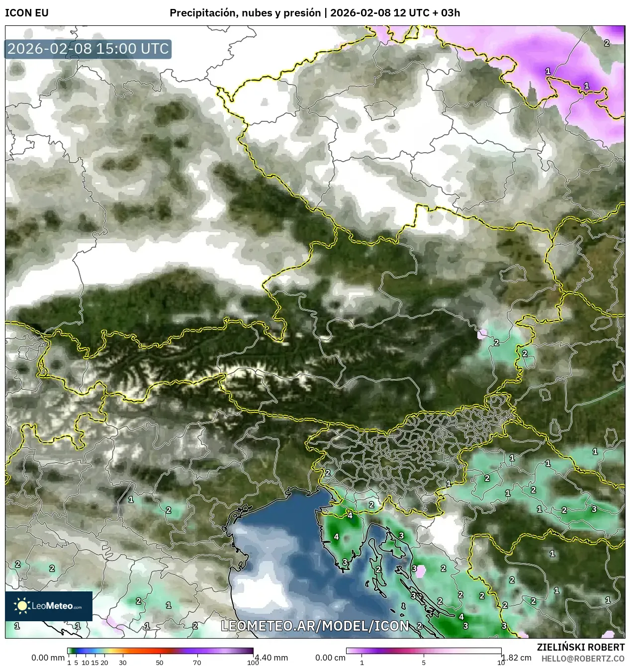 ICON model - Austria, Precipitación, nubes y presión