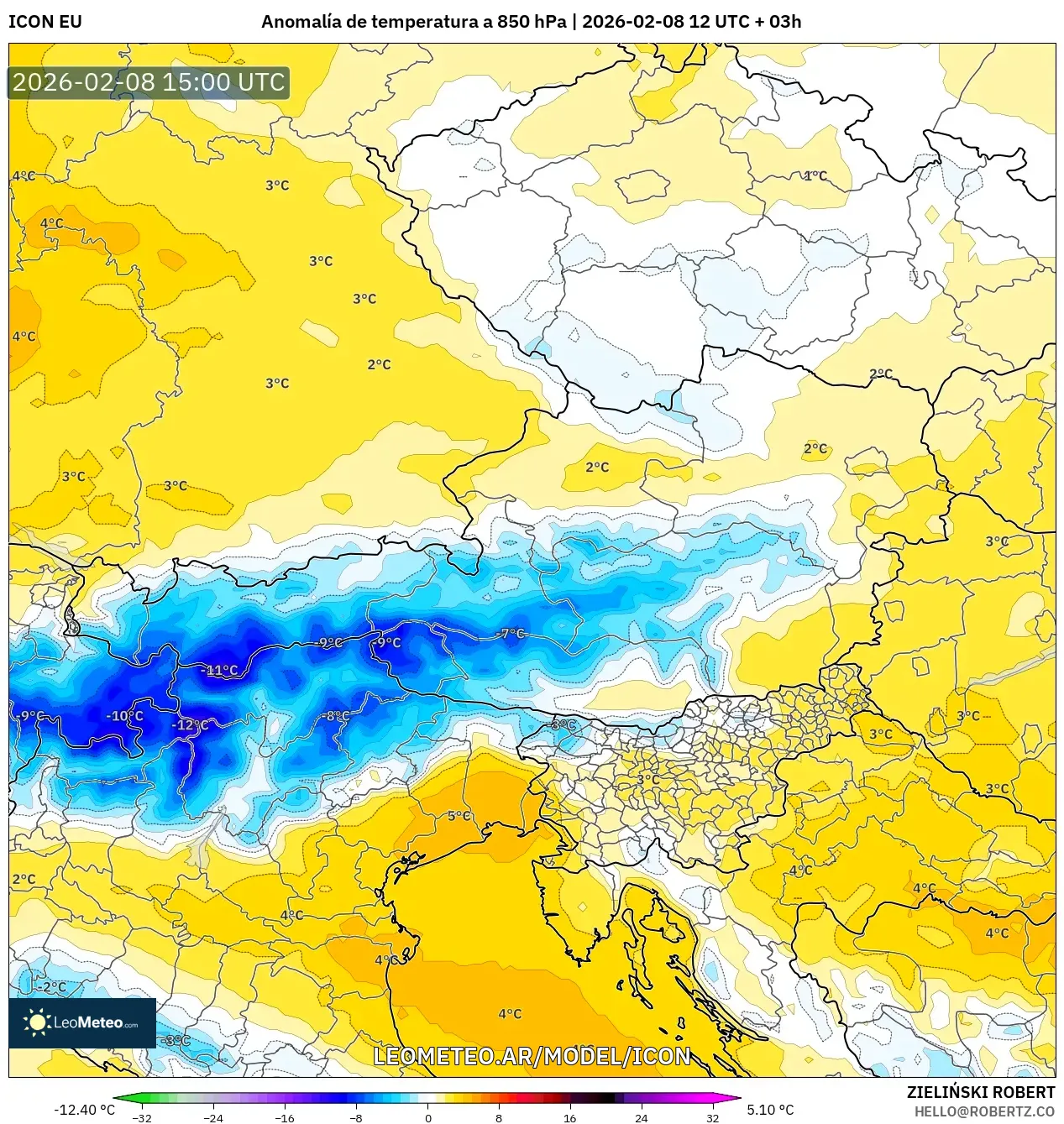 ICON model - Austria, Anomalía de temperatura a 850 hPa
