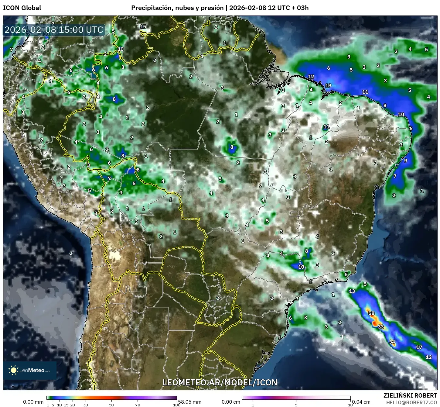 ICON model - Brasil, Precipitación, nubes y presión