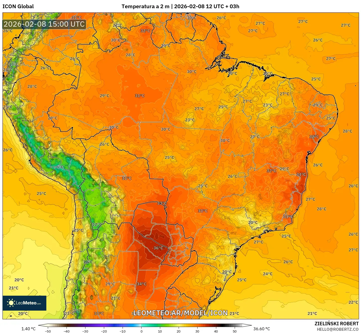 ICON model - Brasil, Temperatura a 2 m