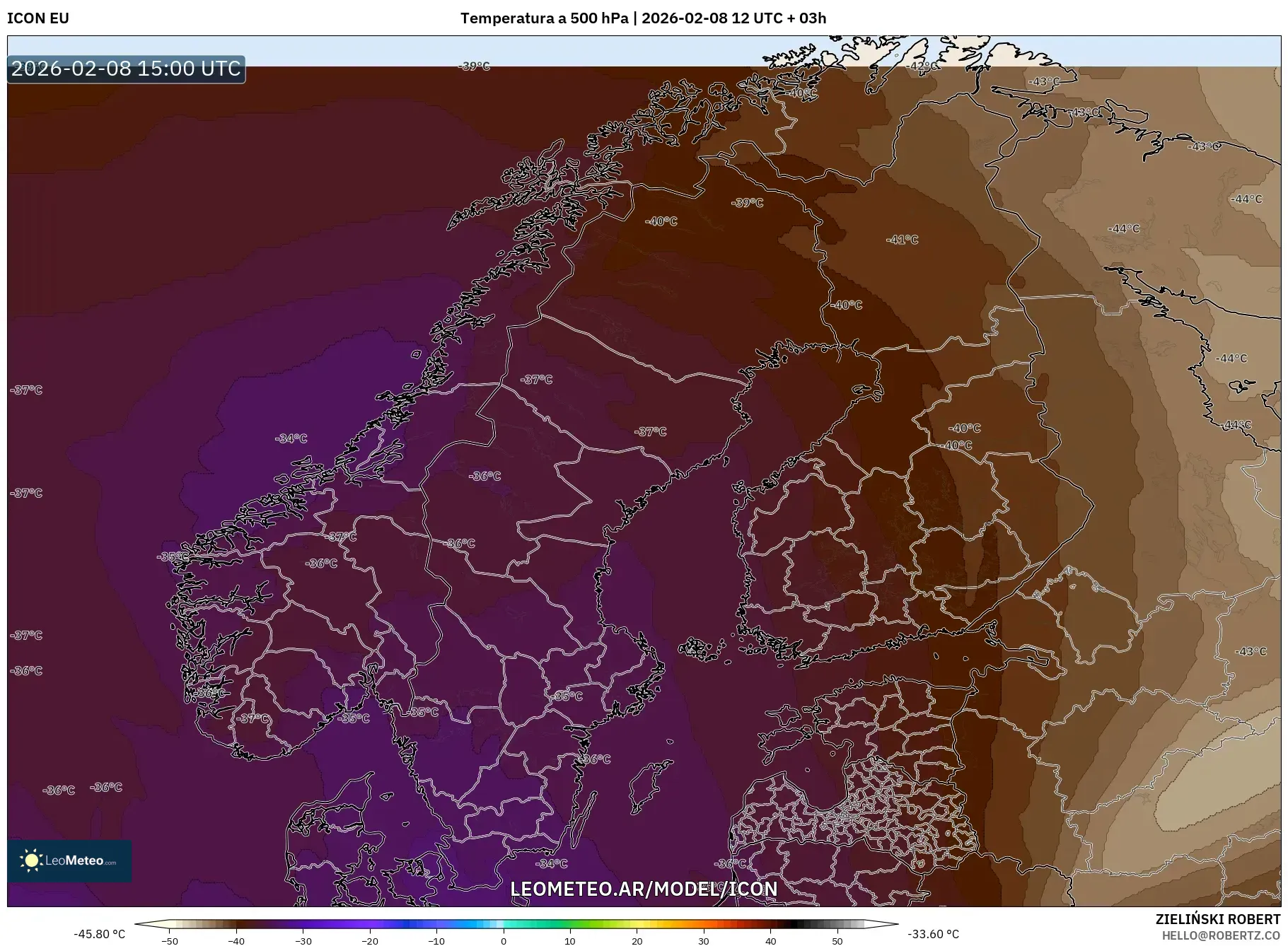 ICON model - Escandinavia, Temperatura a 500 hPa