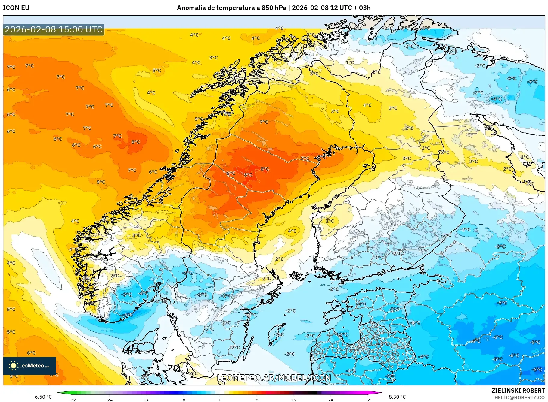ICON model - Escandinavia, Anomalía de temperatura a 850 hPa