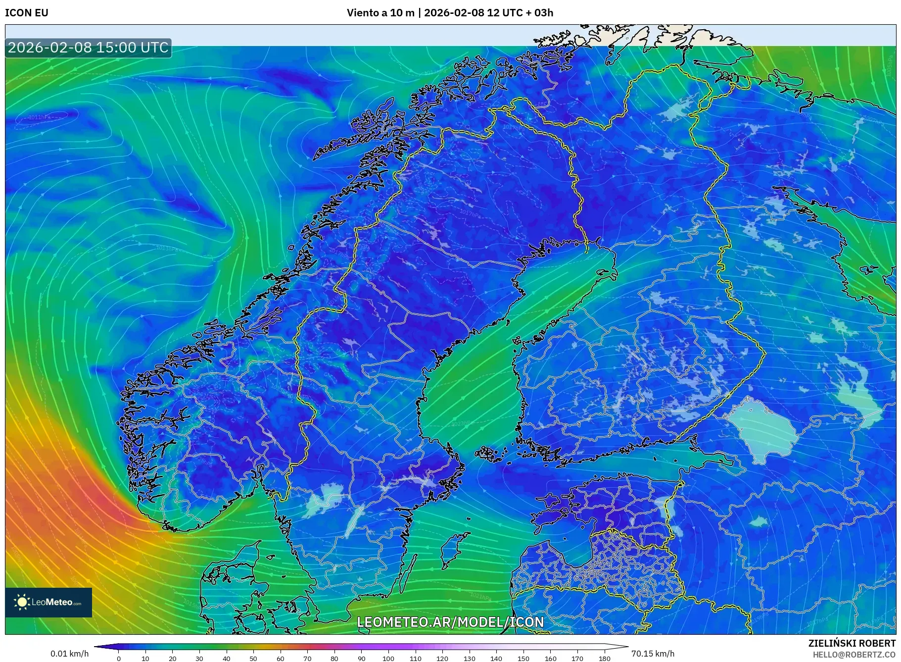 ICON model - Escandinavia, Viento a 10 m