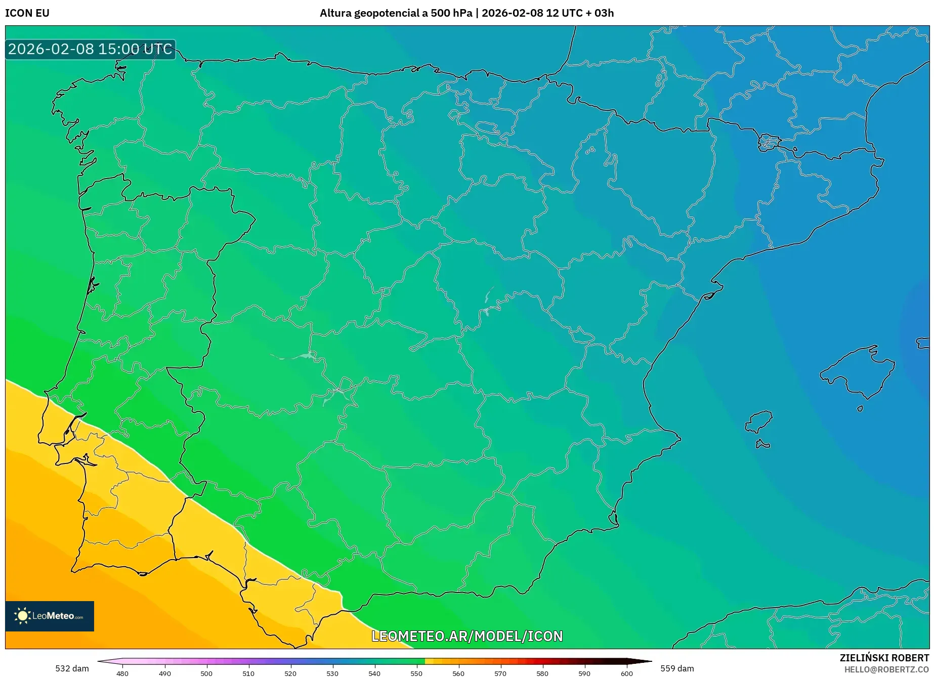 ICON model - España, Altura geopotencial a 500 hPa