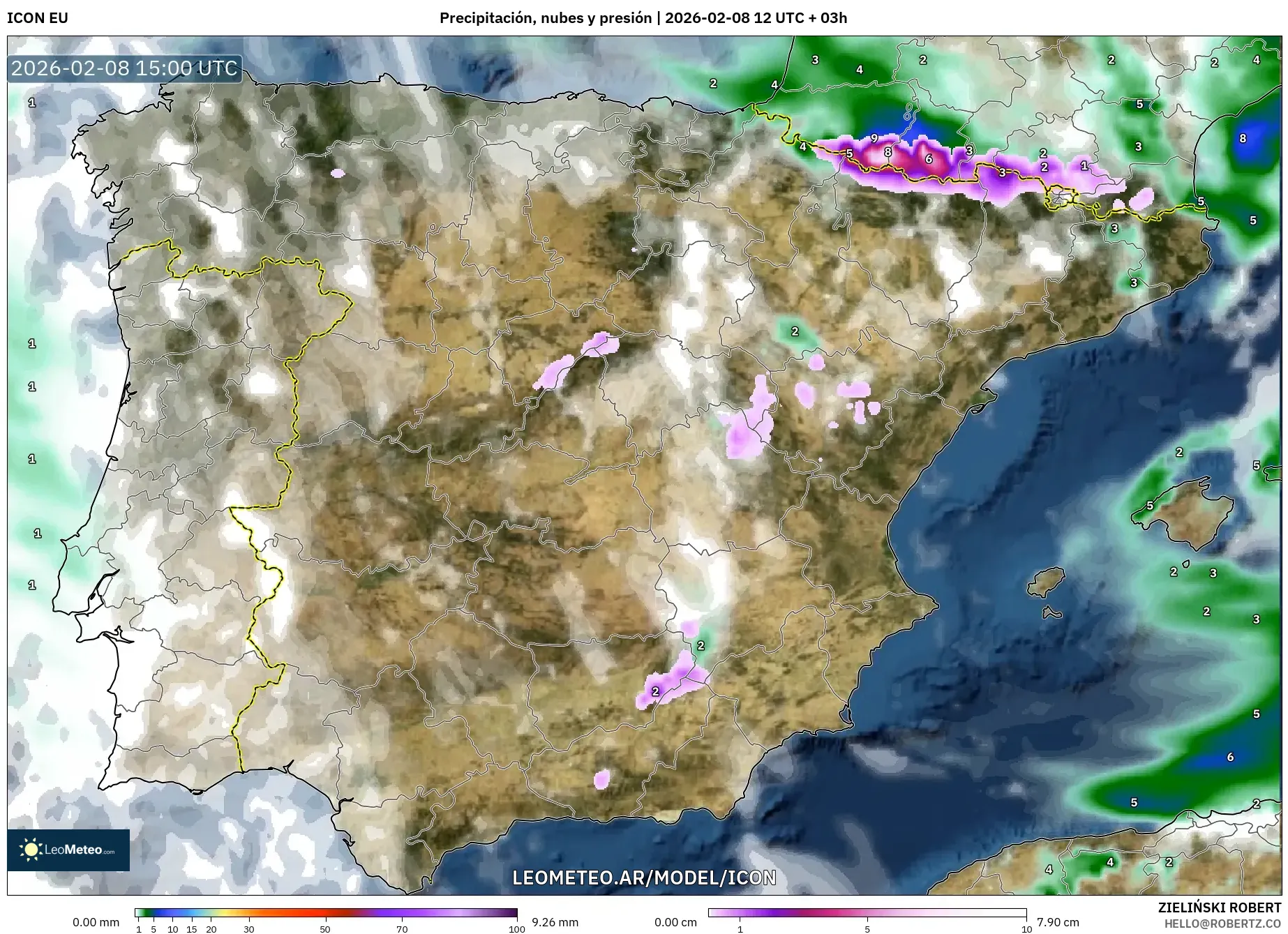 ICON model - España, Precipitación, nubes y presión