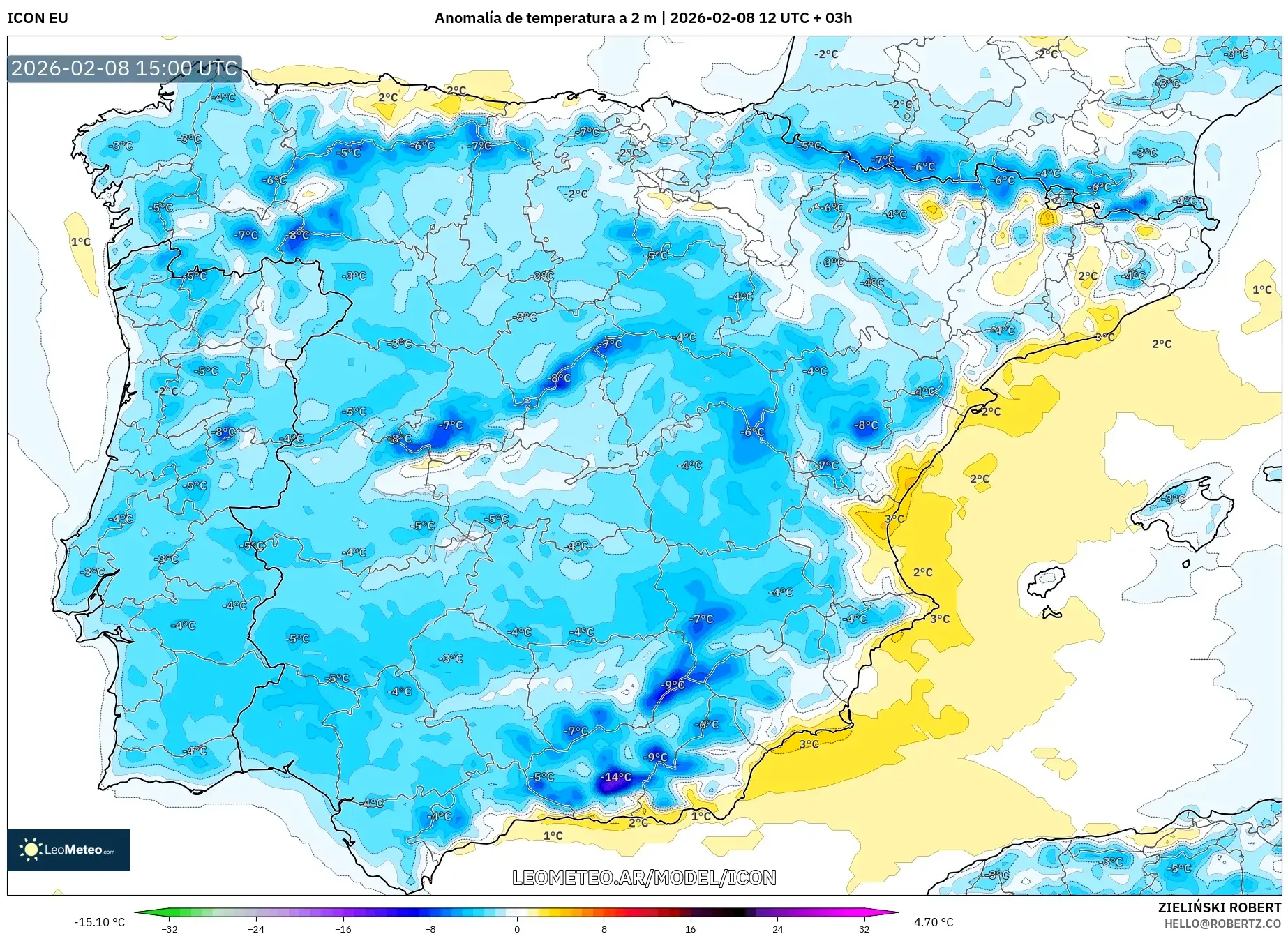 ICON model - España, Anomalía de temperatura a 2 m