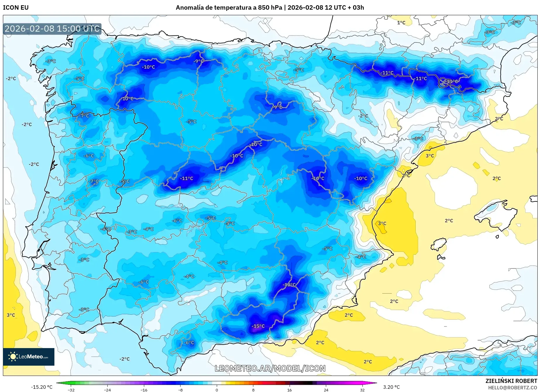 ICON model - España, Anomalía de temperatura a 850 hPa
