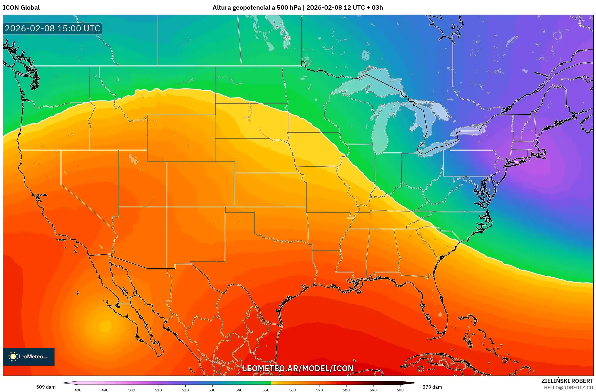 ICON model - Estados Unidos, Altura geopotencial a 500 hPa