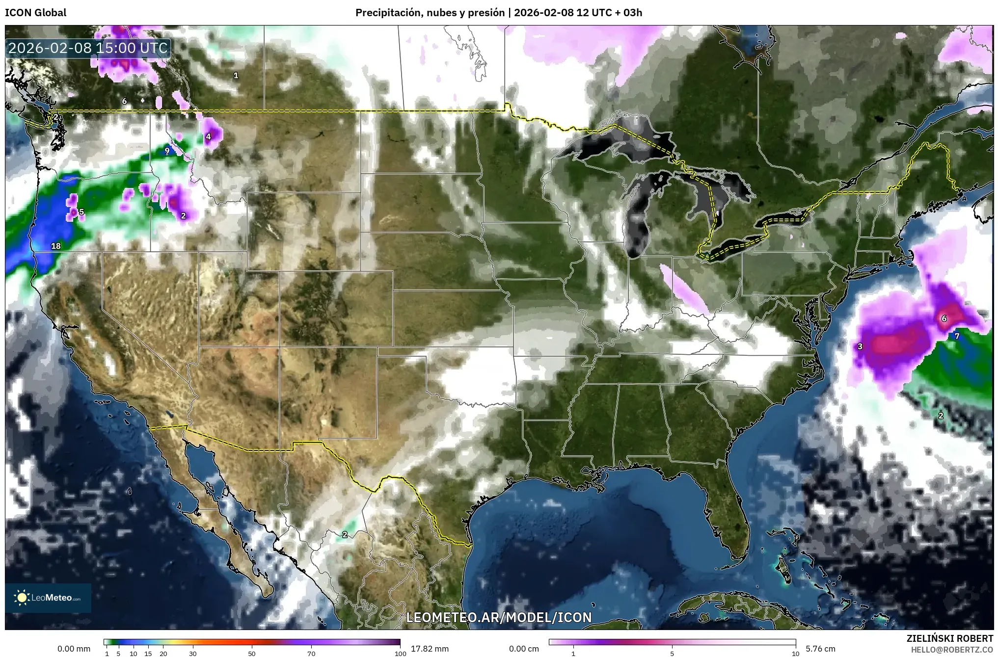 ICON model - Estados Unidos, Precipitación, nubes y presión