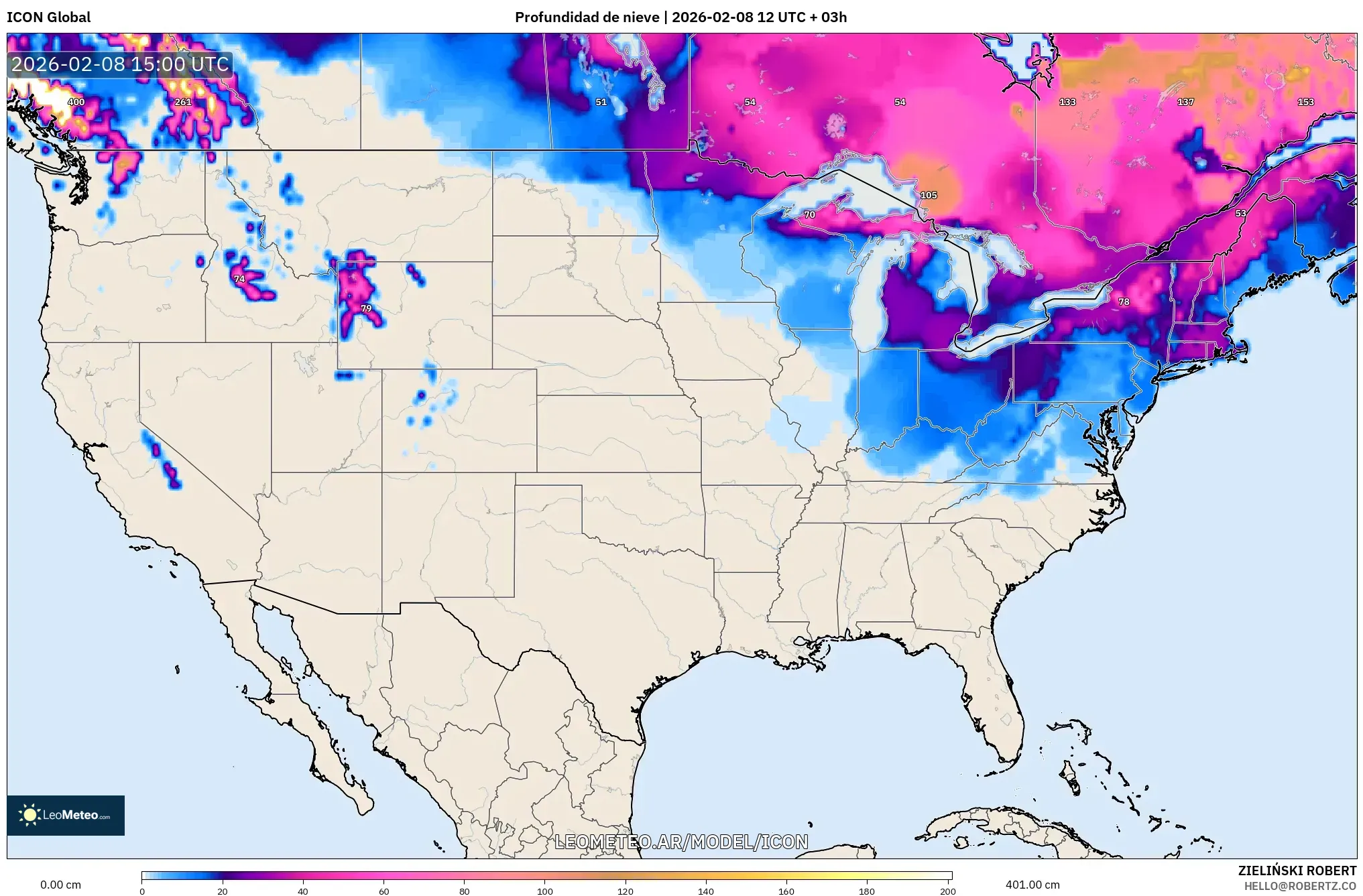 ICON model - Estados Unidos, Profundidad de nieve